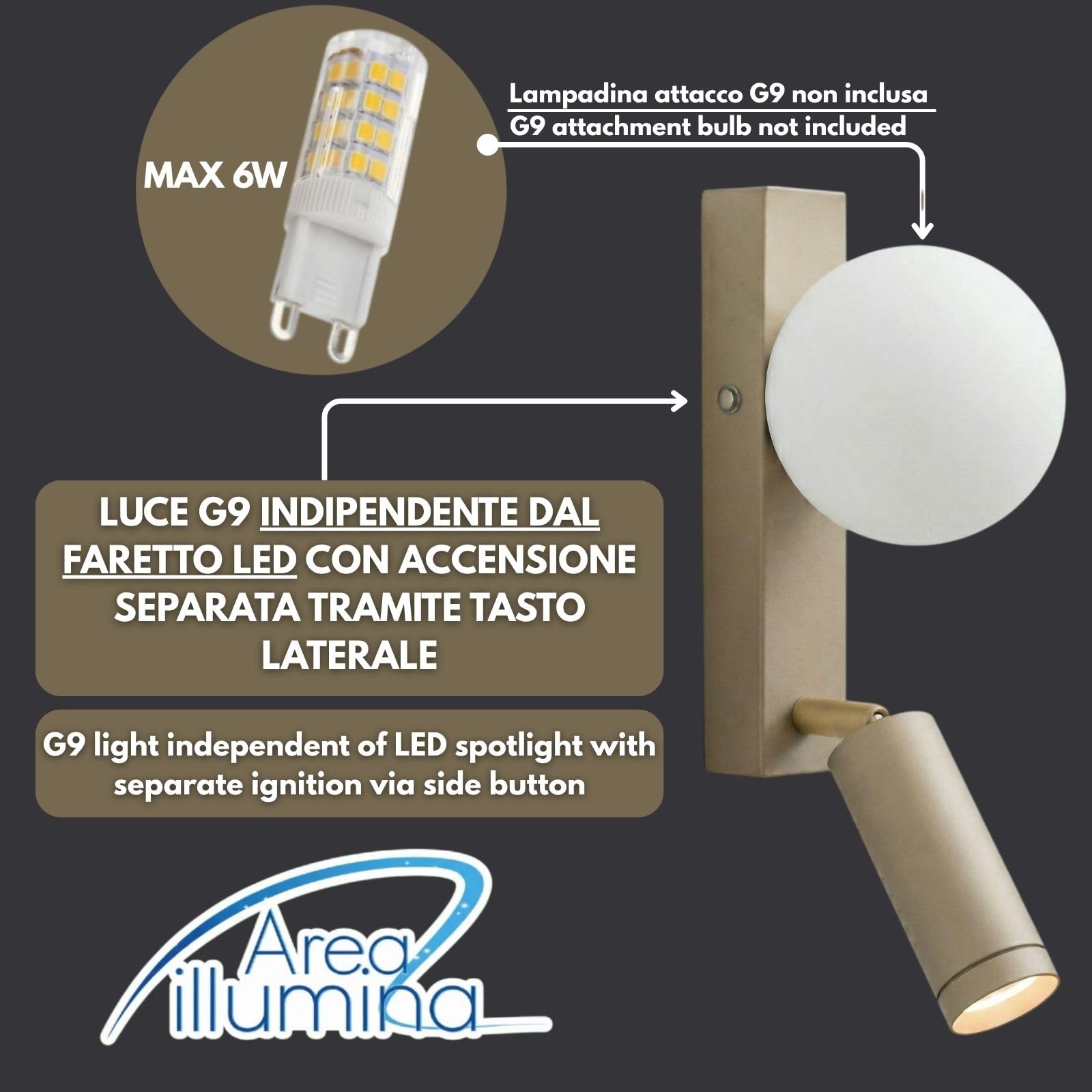Applique da Parete con Faretto LED Integrato 3000K, Sfera G9, Ferro e Alluminio, 10x17x20 cm, Stile Moderno, Antracite o Sabbia (Sabbia)