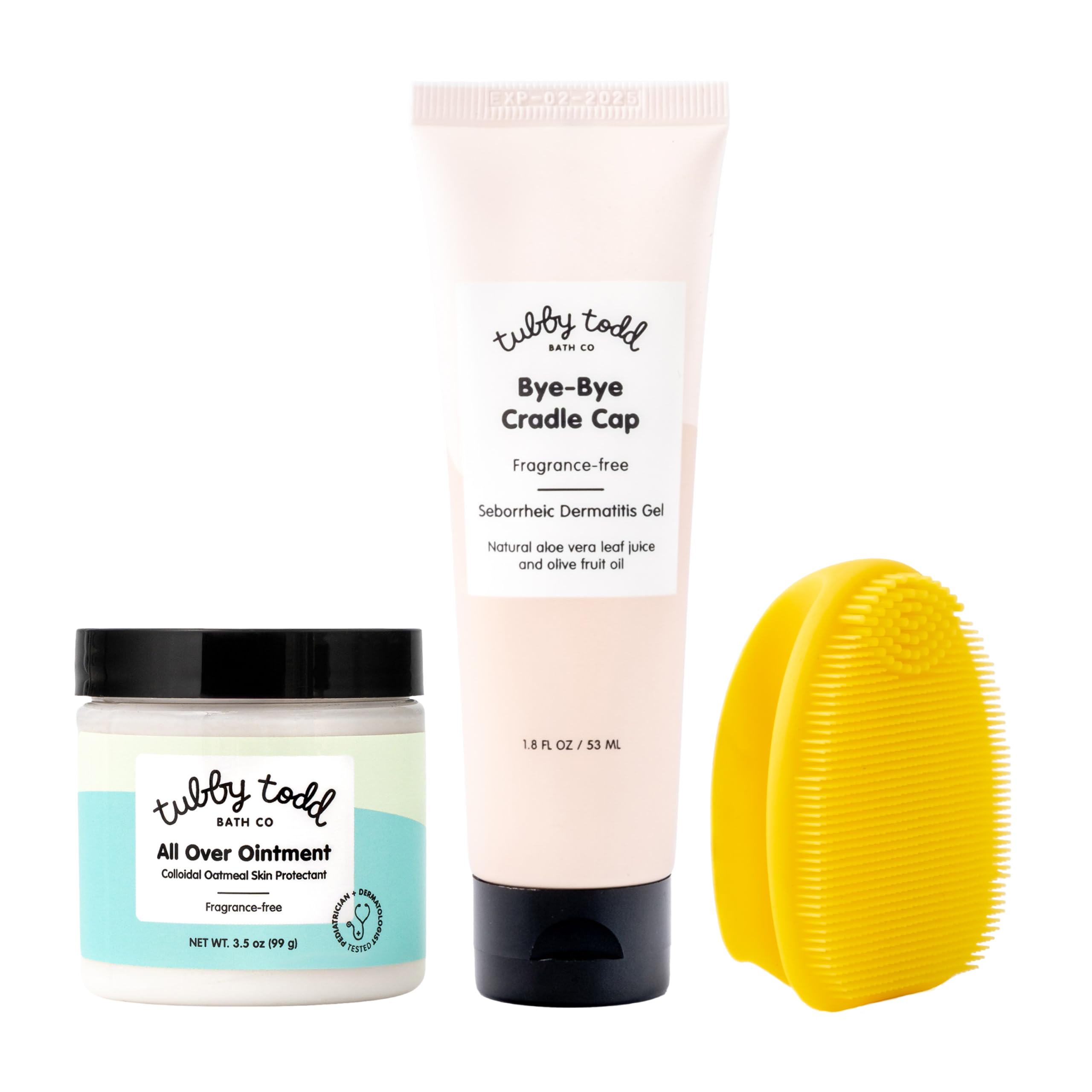 TUBBY TODD Cradle Cap Baby Hair Treatment Kit | Includes Bye-Bye Cradle Cap Gel, Cradle Cap Silicone Brush, & 3.5 oz All Over Ointment, Gentle for