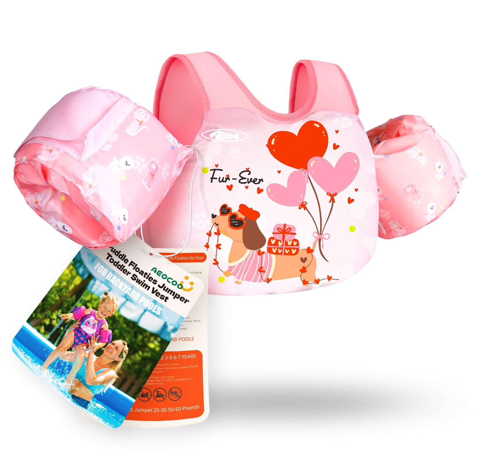 Photo 1 of AEOCOO Puddle Float Jumper 20-30-50 Pounds, Toddler Swim Vest for 1-3-5 Years Old, Pool Floats with Swimming Arm Floaties Swim Jacket with Water Wings for Kids Swimmies, Boys, Girls, Niños, Puppy