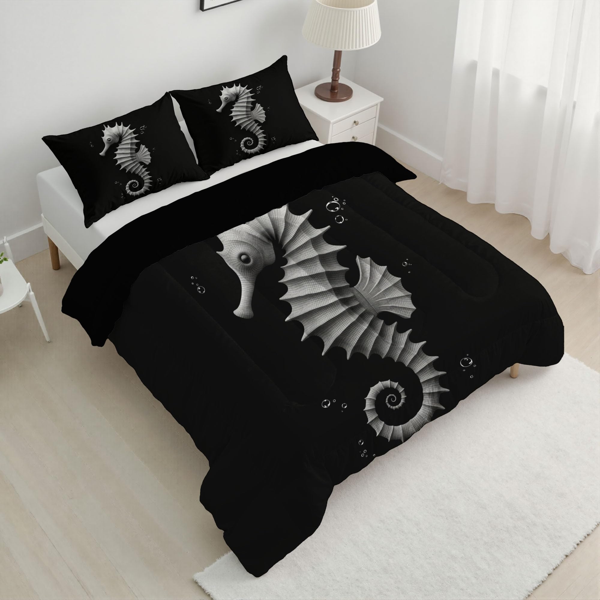 Edredón Nórdico Cama 90, Relleno Nórdico Estampado Sencillo Caballito Mar 140x200cm con 1 Fundas de Almohada 50x75 cm, Arte Lineal Animales Edredón 4 Estaciones Infantil y Juvenil