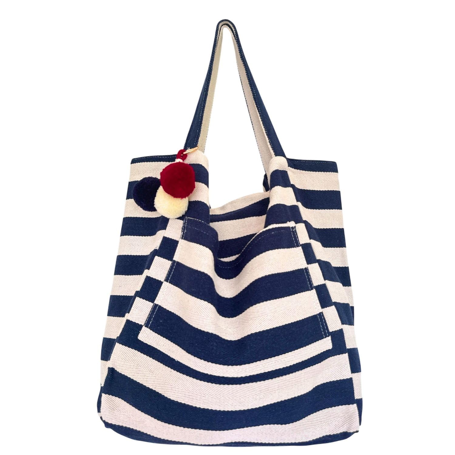 happymaker - Sommertaschen Damen, Strandtasche XXL Maritim, Umhängetasche Damen, große Strandtasche, Shopper gestreift für Sommerurlaub, faltbare Tasche, bunter Pom Pom Anhänger