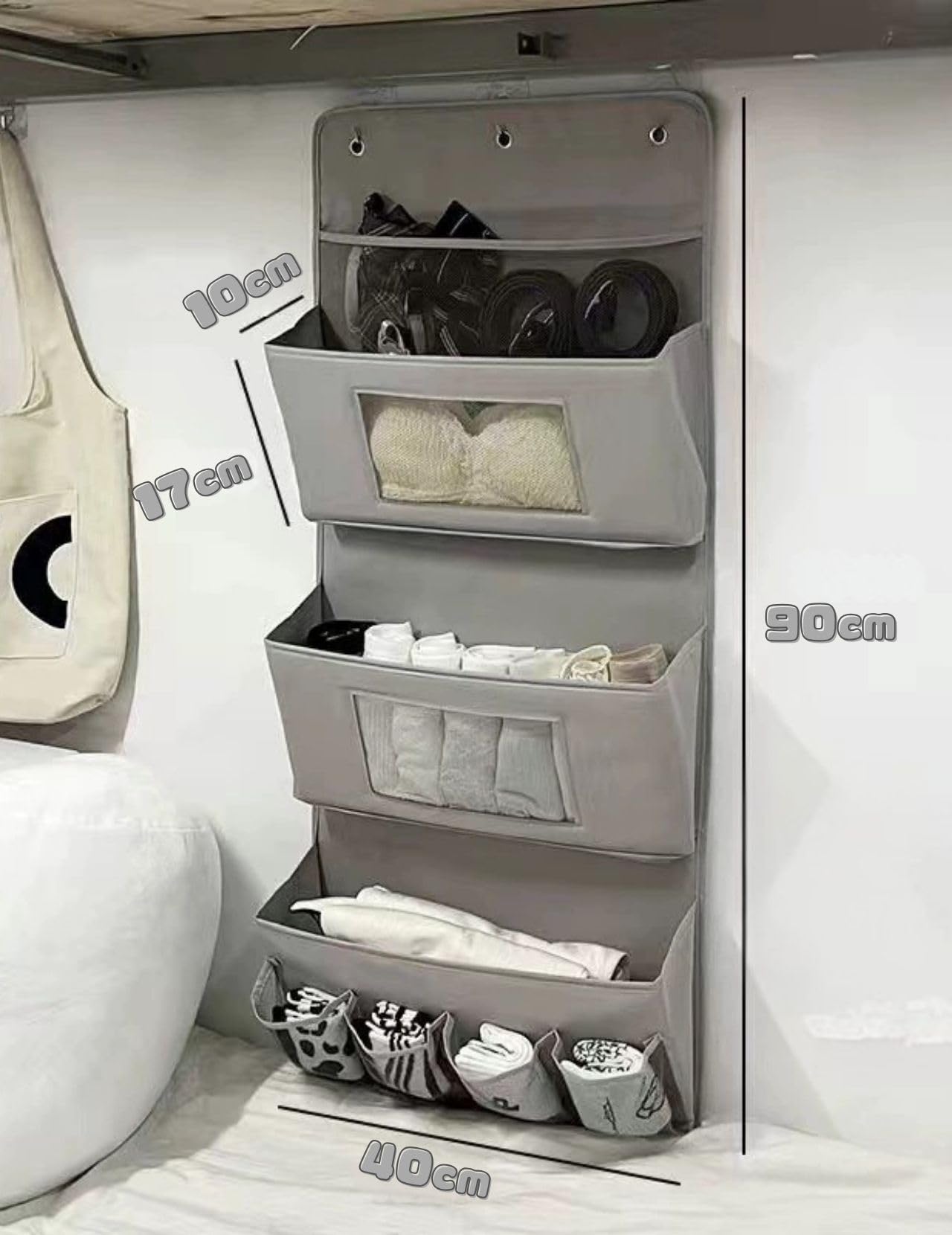 Organizador colgante de 3 capas 40 x 90 cm – Organizador de pared plegable de tela Oxford con 3 ganchos, organizador de puerta sin taladrar, almacenamiento para baño, armario (albaricoque)