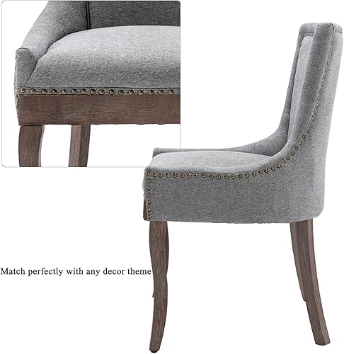 Miniatura 6 de Aoowow Juego de 2 sillas laterales tapizadas vintage de tela, sillas de madera maciza para cocina, comedor con cabezas de clavo, patas de madera