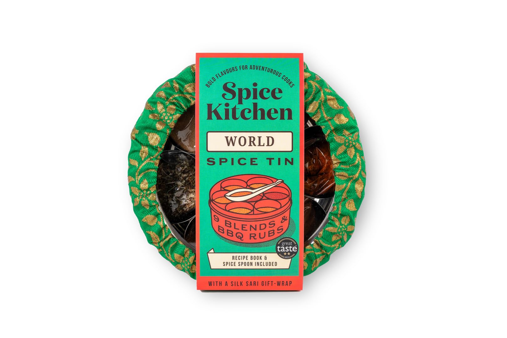Spice Kitchen World Spice Blends and BBQ Rubs Premium Spice Collection with Stainless Steel Spice Tin and Silk Sari Wrap, The Chef's Companion for Cooking a Variety of World Dishes and Cuisine