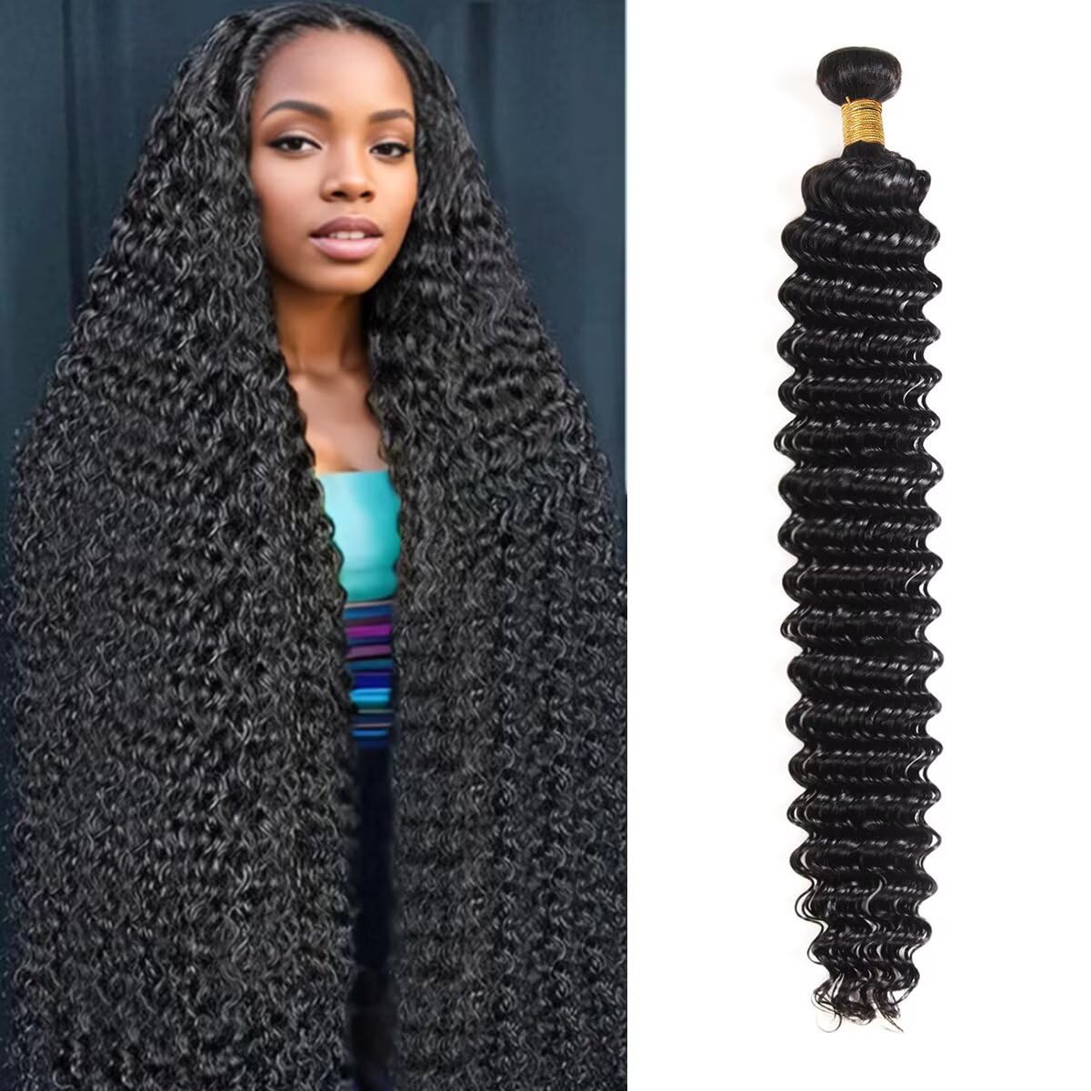 12A Human Hair Bundles 34 Inch Deep Wave Bundles Human Hair 100% Unprocessed Brazilian Virgin Deep Curly Weave 1 Bundle Water Wavy Hair Extensions Real Human Hair 1B Bundle for Women