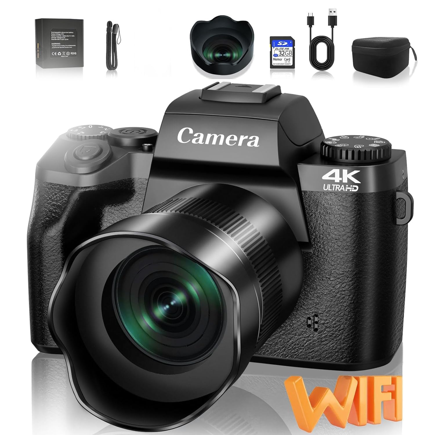 Digital Camera, 4K 64MP WiFi Touch Screen Vlogging Camera, 32GB SD Card, Lens Hood, Dual Cameras, 3000mAh Battery, 4" Display - Black-image-14