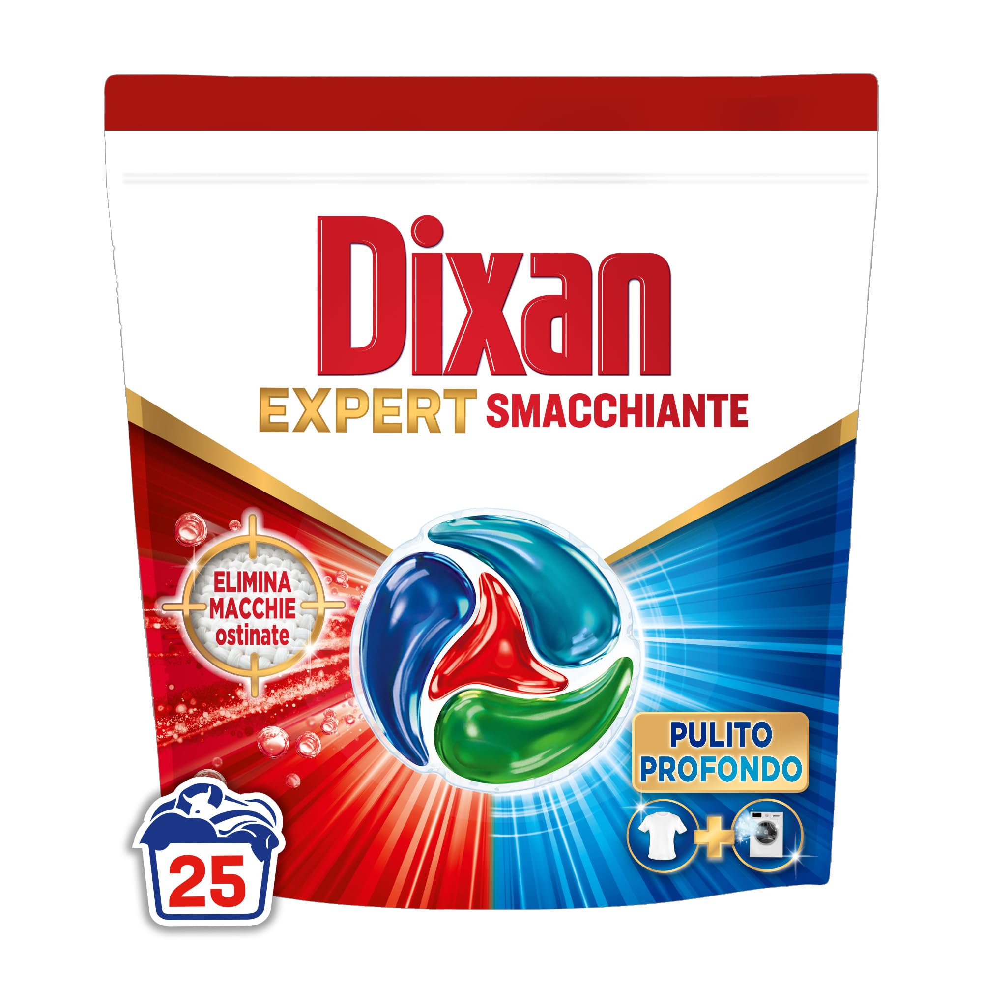 Dixan DISCS 4in1 Expert Smacchiante Detersivo Lavatrice, 5 confezioni da 25 Lavaggi, Capsule lavatrice per pulizia profonda del bucato e freschezza igienica per lavatrice, Rimuove le macchie da 20°C