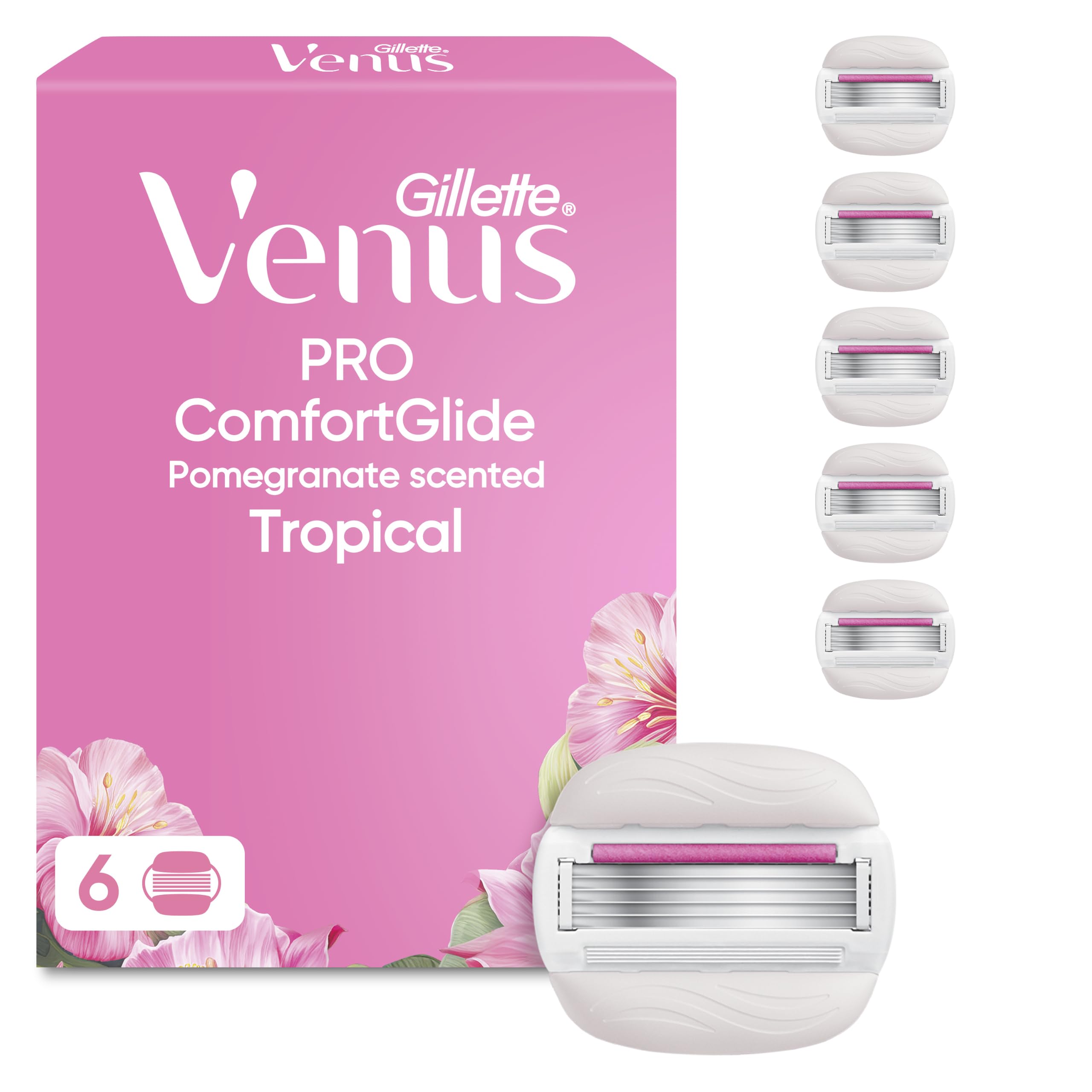Gillette Venus Pro ComfortGlide Tropical Razor Blade Refills for Women, 6 Count - Pomegranate Scented SkinCushion Lubrication, Olay Moisture Bars, Sensitive Skin Protection