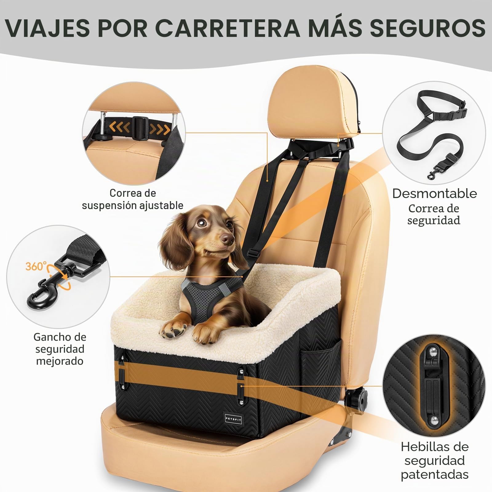 PETSFIT Asiento de Coche para Perros Pequeños (Ajustable 12,5cm) - Dog Car Seat Bed Sillas para Perros para Coche con Hebillas de Seguridad Patentadas
