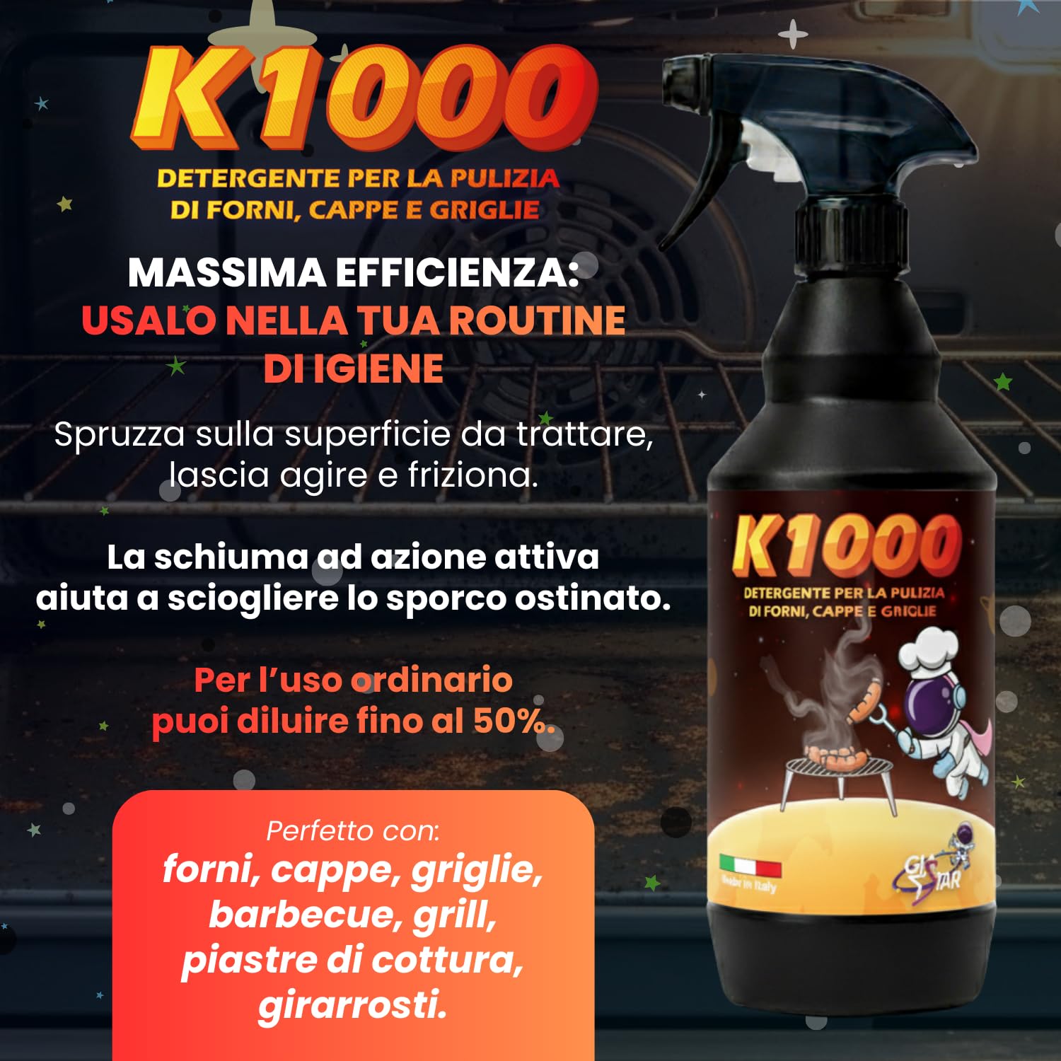 Detergente Pulizia Forno K1000 | Sgrassatore per Grasso Cotto e Incrostazioni | Griglia Barbecue, Grill e Cappe | Spray Uso Puro o Diluito | 750 ml Made in Italy