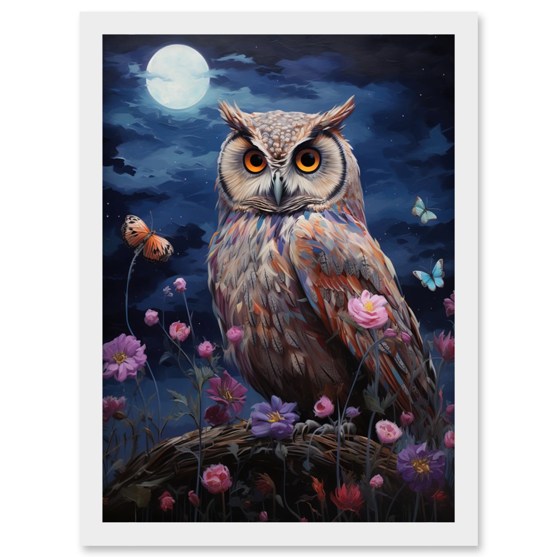 Artery8 Majestic Owl Portrait Oil Painting Great Horned Purple Pink Blue Full Moon in Spring Meadow with Wildflowers Artwork Framed Wall Art Print A4