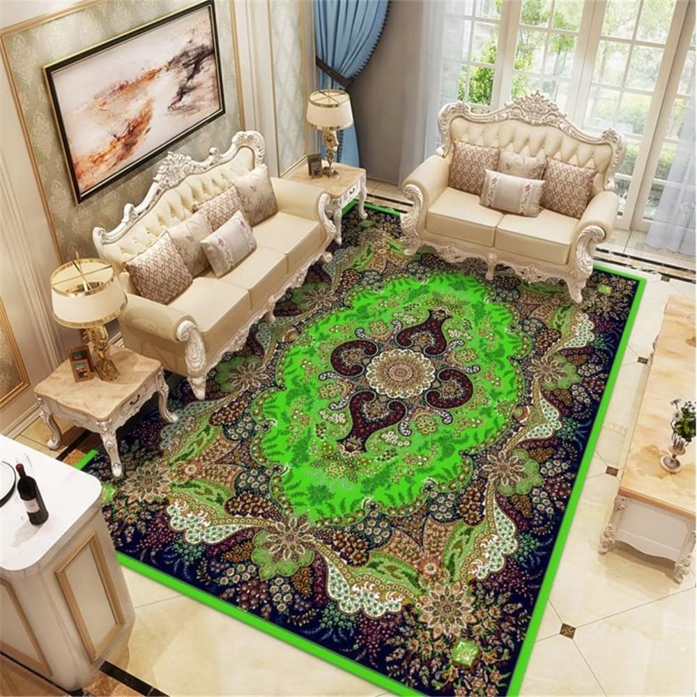 Tapis enfant garçon 140x200cm vert foncé motif floral géométrique