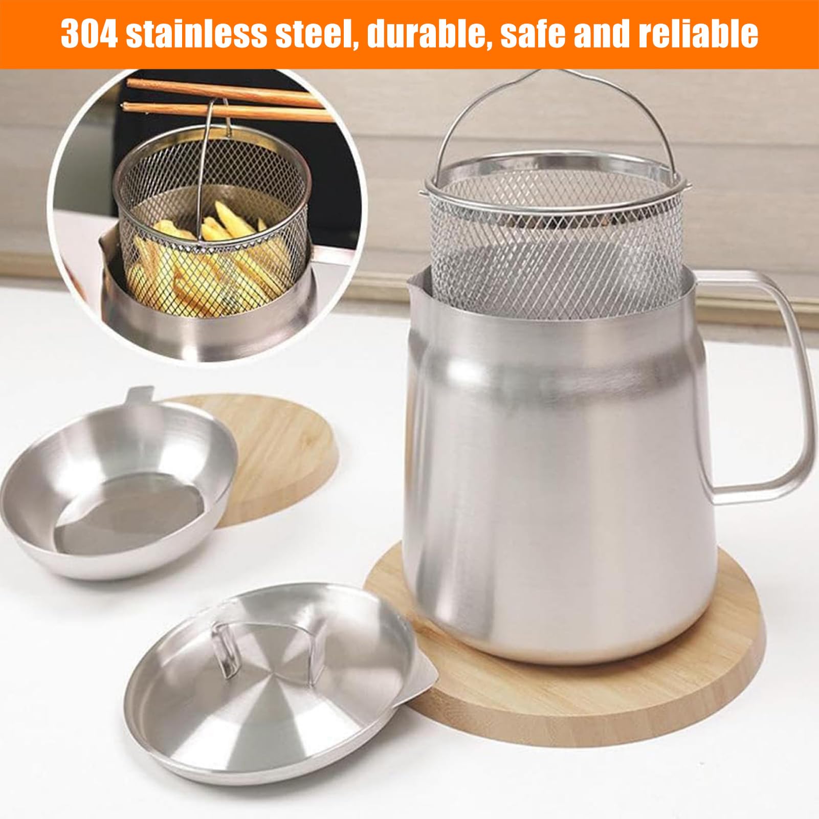 Oil Filter Vessel Stainless Steel Large Capacity Deep Fryer 1.5L/2L for Home Kitchen Cooking with Convenient Spout and Handle (2L)