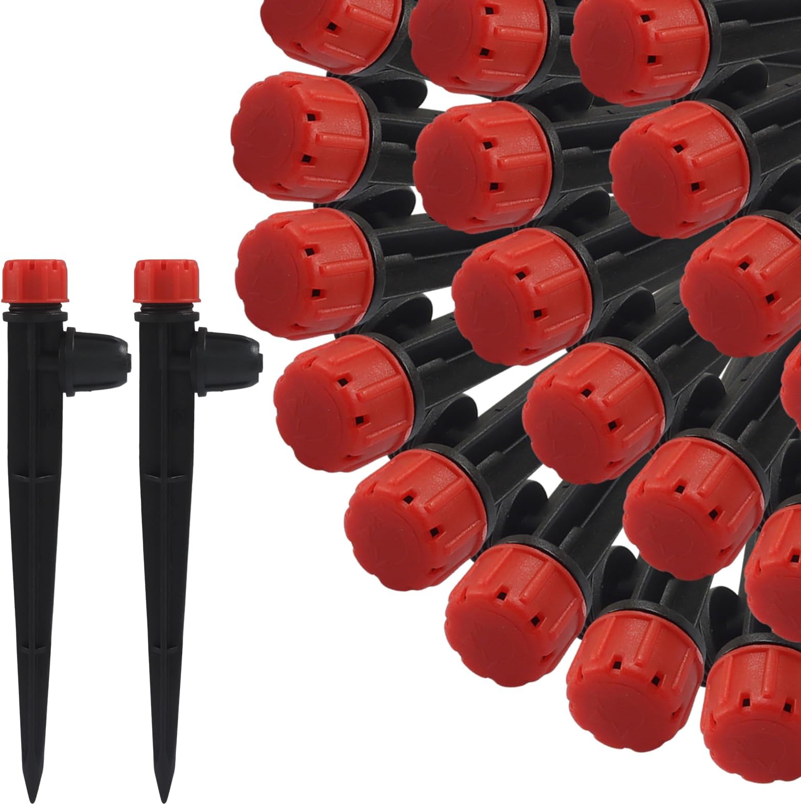 BokWin 50 Pcs 1/4 inch Drip Irrigation Emitters Garden Drippers Sprayer with Adjustable 360 Degree Water Flow for 1/4 inch Tubing for House Garden Watering System - Red