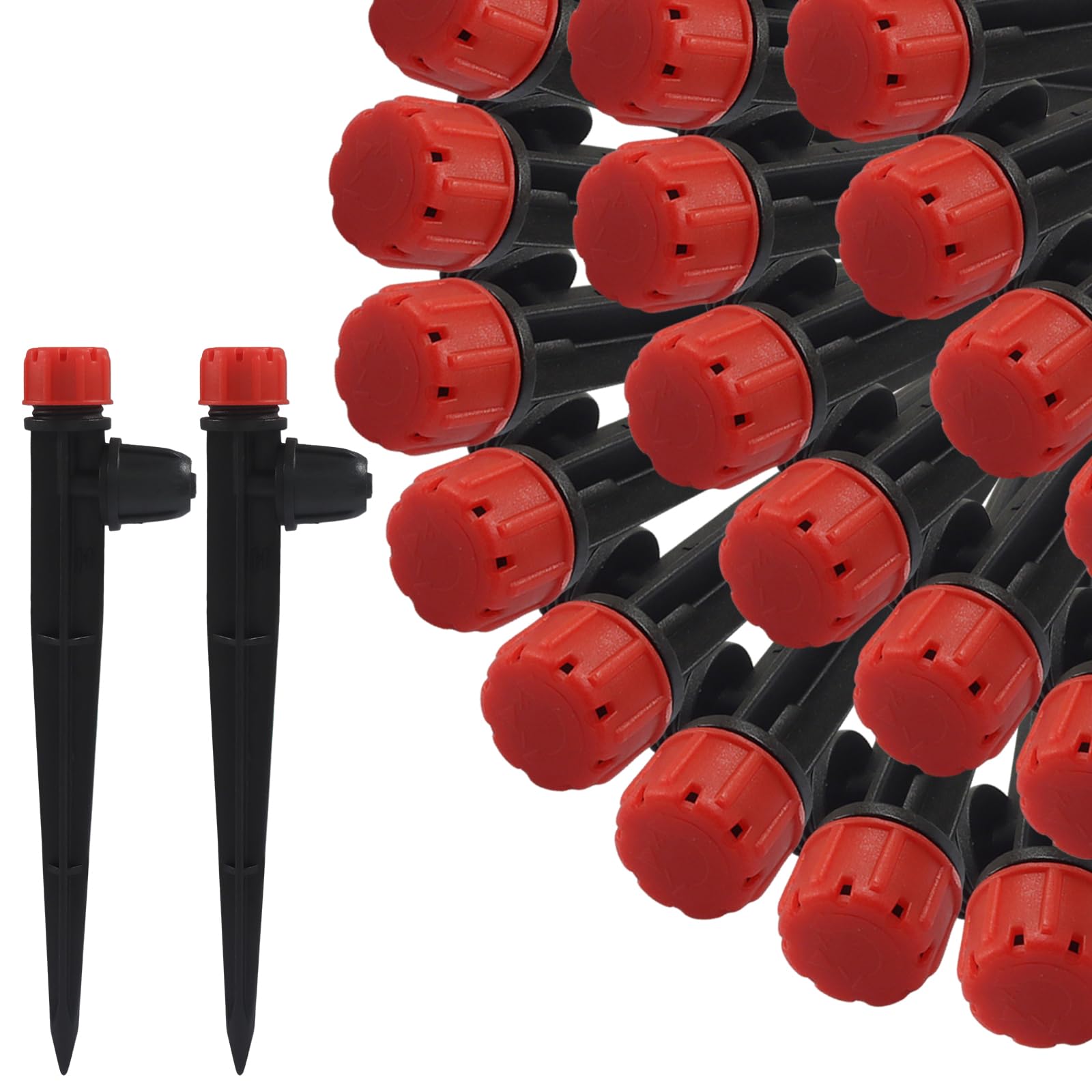 BokWin 50 Pcs 1/4 inch Drip Irrigation Emitters Garden Drippers Sprayer with Adjustable 360 Degree Water Flow for 1/4 inch Tubing for House Garden Watering System - Red