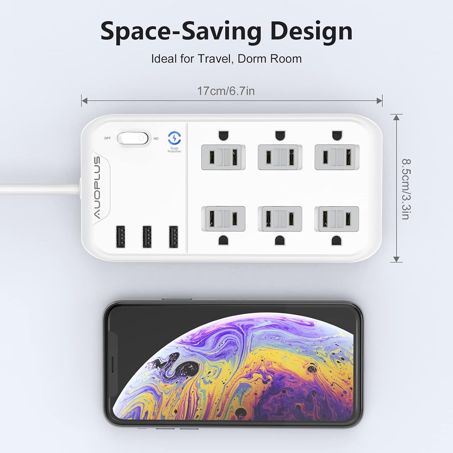 AUOPLUS Surge Protector Power Strip - 6 Outlets with 3 USB Ports, 5FT Extension Cord, Power Strips Flat Plug Slide-to-Close Outlets Cover with Overload Protection for Home, Office, Travel