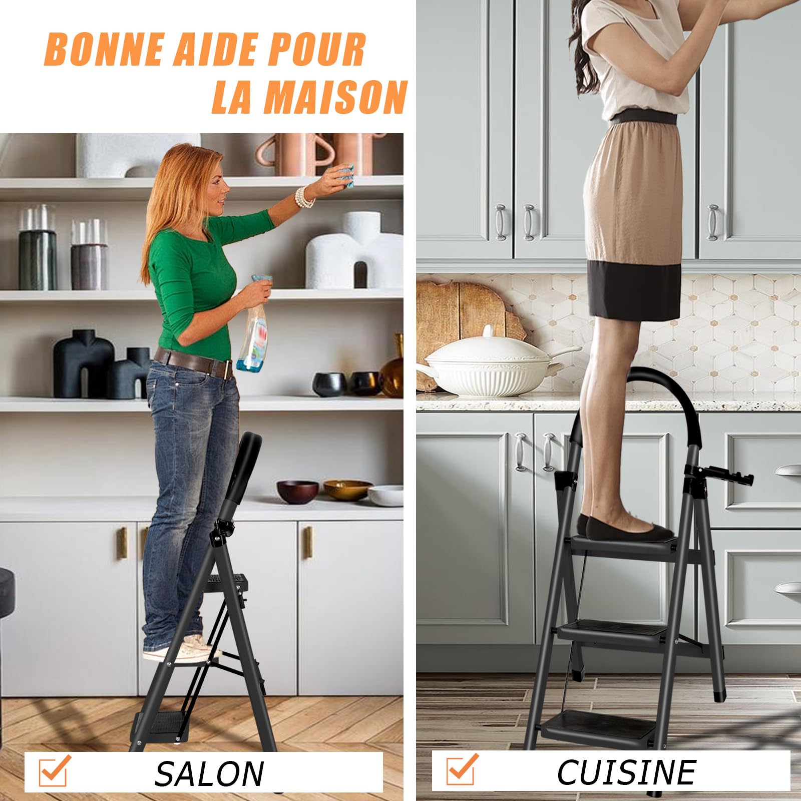 OHMG Escabeau 3 Marches avec Plateforme de Travail, Charge 150 kg Escabeau Pliable, Larges Marche Pied Pliable Antidérapantes, Tabouret en Acier Marche Pied Adulte,Charge 180 kg