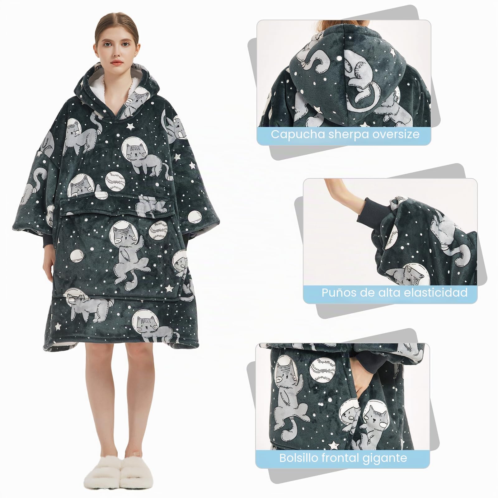 Wenlia Sherpa Hoodie Sudadera Manta para Mujer, Manta Extragrande con Estampado Sherpa con Capucha Gigante de Franela de Invierno para TV, Talla única, Regalo Ideal para niñas
