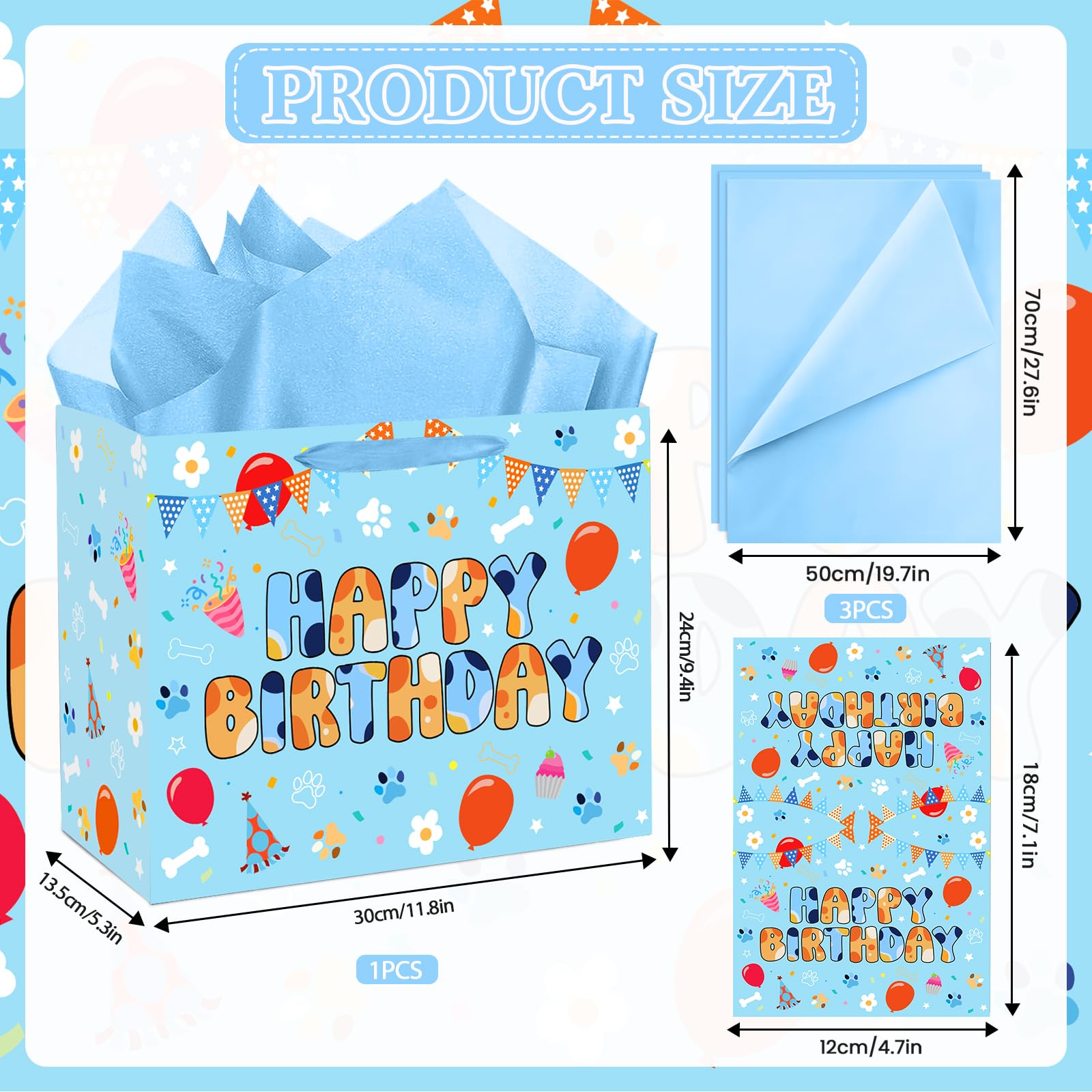 Cartoon Blue Dog Birthday Gift Bag with Wrapping Paper and Greeting Card Cute Blue and Orange Dog Gift Wrap Paper Bags Large Cartoon Birthday Party Favor Bags Decorations for Girls Boys Party Supplies