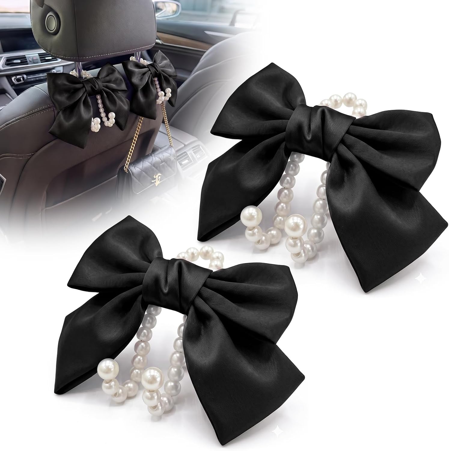 2PCS Satin Bow Pearl Car Seat Headrest Hooks, Cute Coquette Aesthetic Car Purse Hook and Vehicle Hanger for Bags, Umbrellas, Car Interior Organizer Accessories Universal Fit (Black)