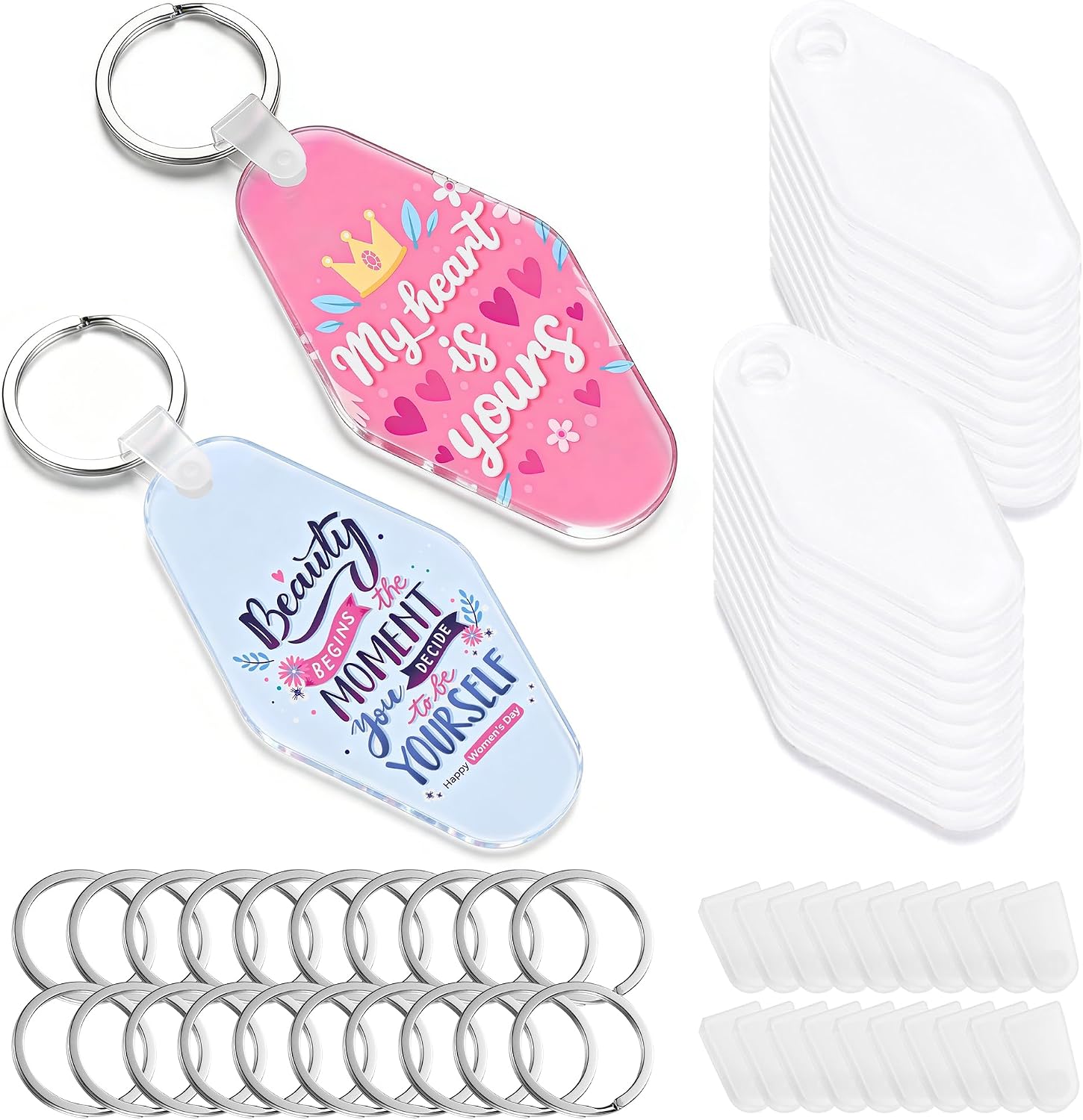 Yoption 60 Pcs Sublimation Acrylic Motel Keychain Blanks, Including 20 Fixing Clips and 20 Key Rings, Heat Transfer for DIY Keychains Crafts (3.5 x 1.8 Inches)