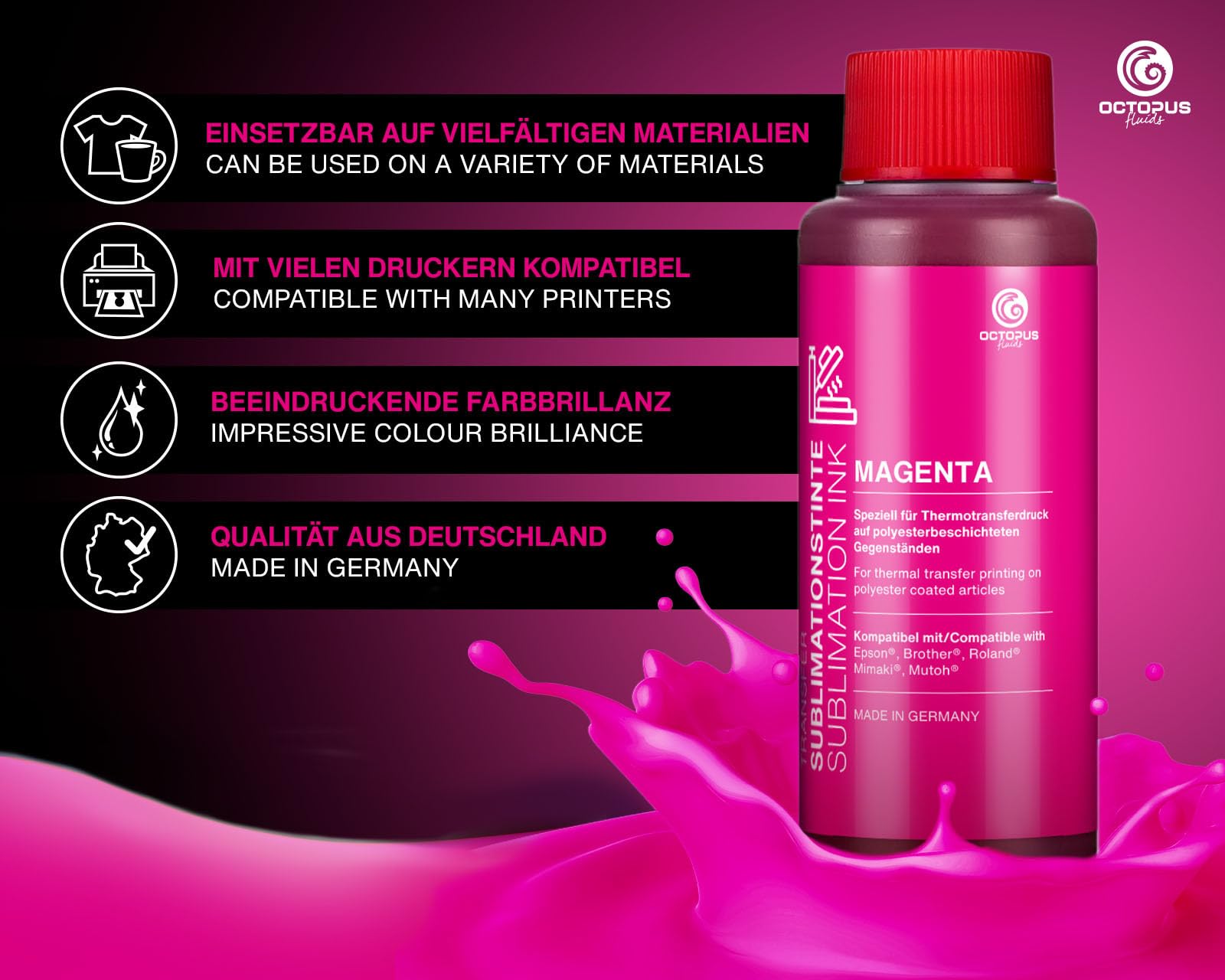 Octopus 1 litro Inchiostro sublimatico compatibile per Epson, Brother, Roland, Mimaki, magenta
