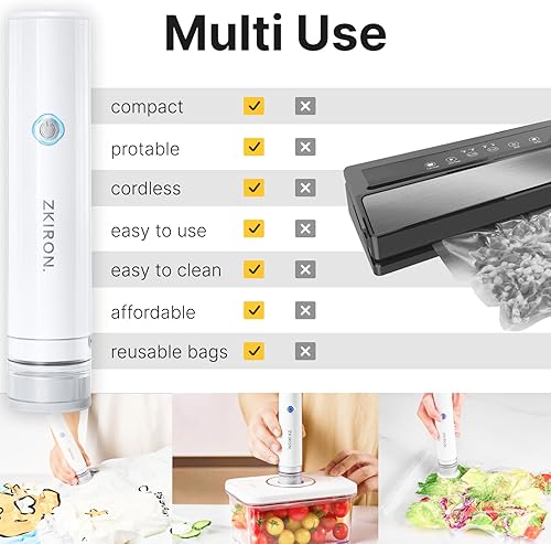 Miniatura 6 de OneTouch - Sellador al vacío de mano con 12 bolsas de vacío reutilizables, sellador de alimentos compacto con succión transparente desmontable para
