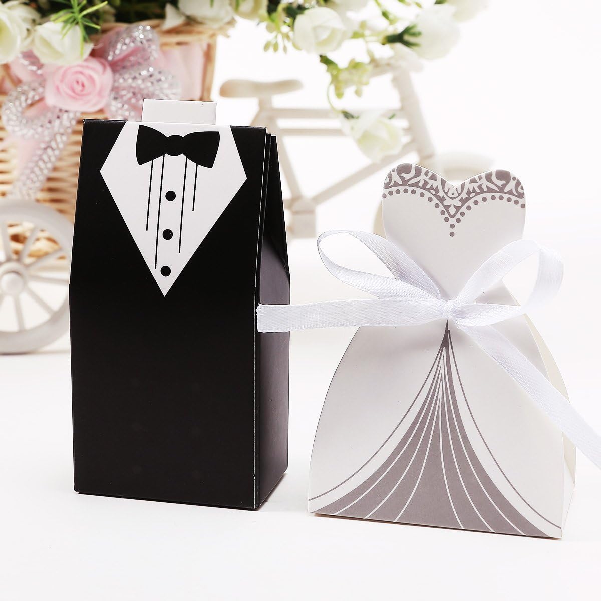 100pcs Wedding Favor Candy Box Bride & Groom Dress Tuxedo Party w/Ribbon Gift Quality