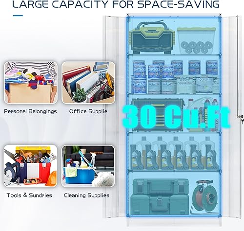 Miniatura 5 de Maemttes Armario de almacenamiento de metal de 72 pulgadas con puertas y estantes, gabinetes altos de garaje con cerradura, armario de herramientas