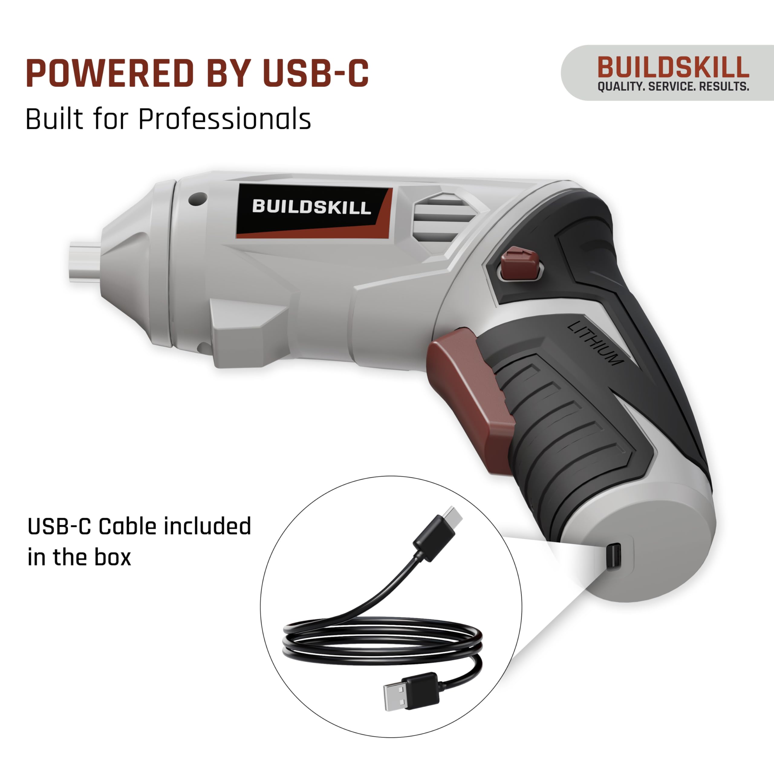 BUILDSKILL 4V Cordless Screw Driver Kit | 19 Pcs | 4 N.M. Torque | 250 RPM | Magnetic Chuck | 1.5AH Battery | Forward-Reverse | 2 position Handle Lock & LED Light | Type-C Charging cable included 4