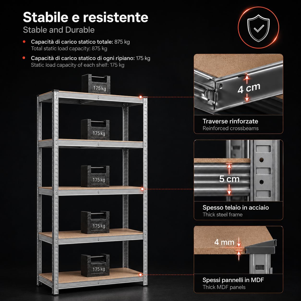 KOMBO - Set 2 Scaffali Metallo Zincato 90x40x180 cm, 5 Ripiani Regolabili, 175 kg Portata Ripiano, 1750 kg Totale, Montaggio Incastro Senza Bulloni, Garage Cantina Magazzino
