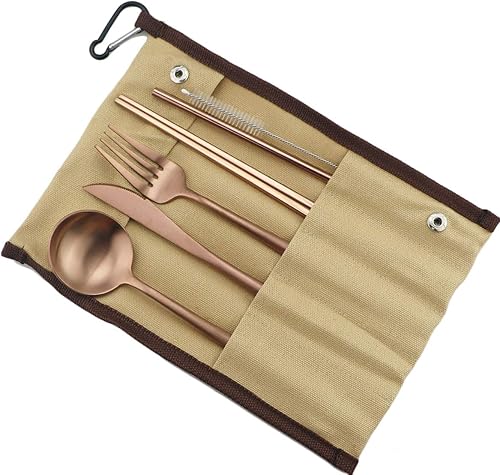 Utensilios de viaje reutilizables, 7 piezas portátiles de acero inoxidable 304, incluyendo cuchillo, tenedor, cuchara, palillos, cepillo de