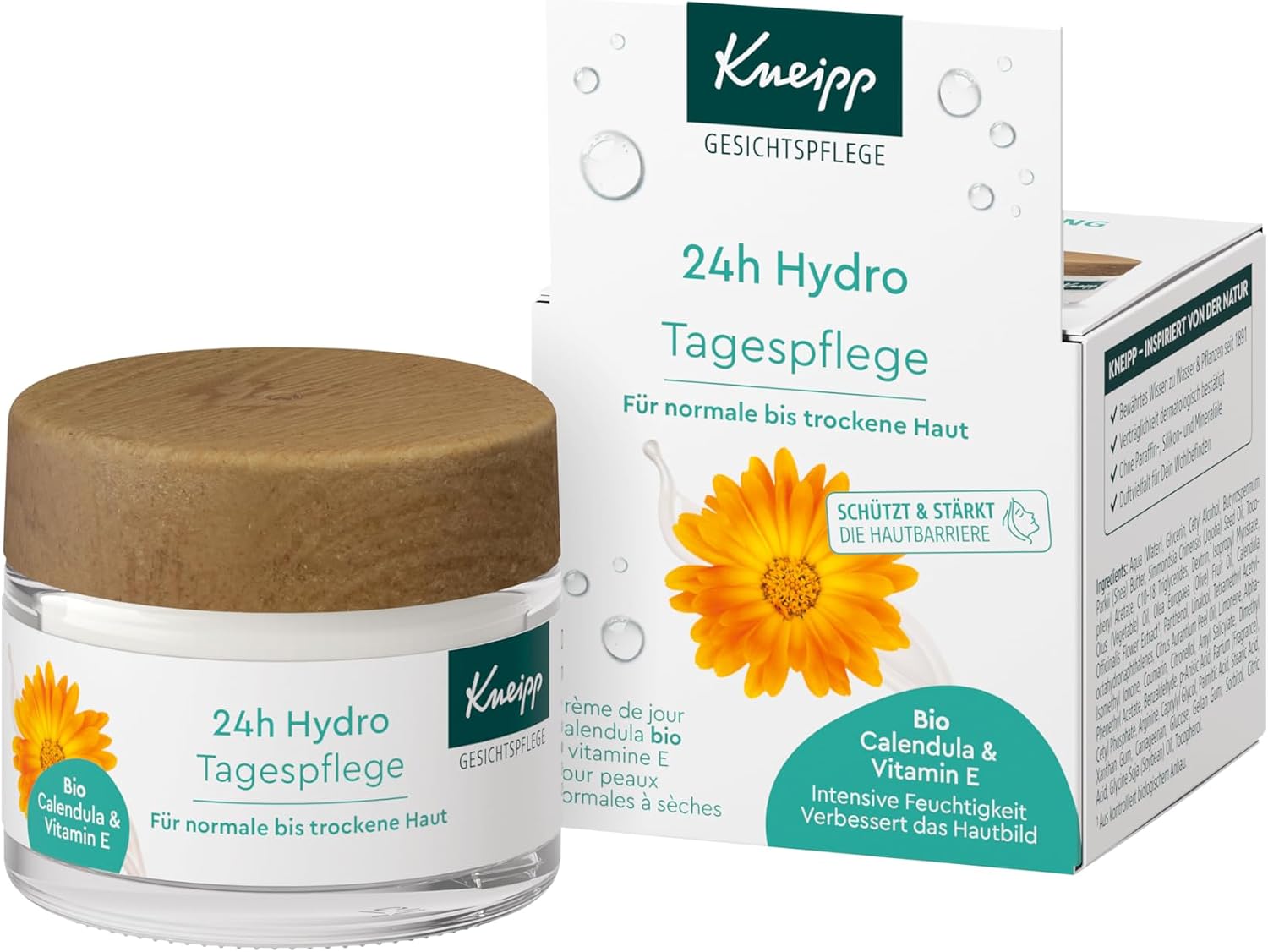 Kneipp 24h Hydro krem na dzień z bio nagietka i witaminą E – do skóry normalnej i suchej – wegański – 50 ml
