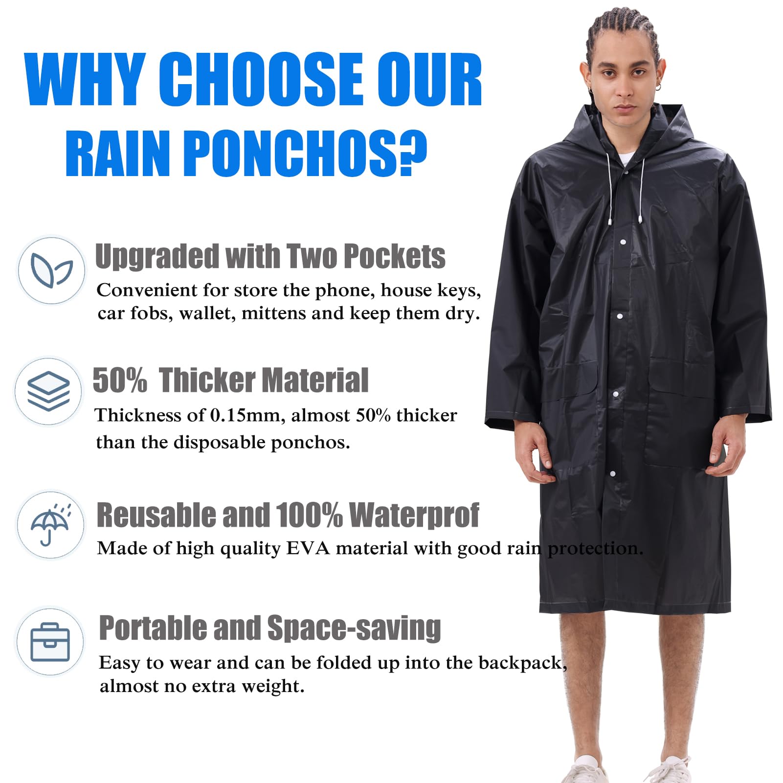 HLKZONE Ponchos de lluvia para adultos, paquete de 2 abrigos de lluvia reutilizables para adultos, chaqueta impermeable plegable con bolsillos