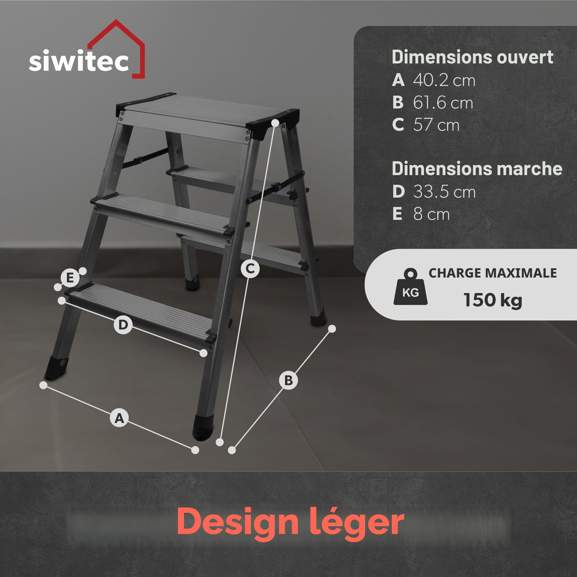 Siwitec Escabeau Pliable en Aluminium - 2 x 3 Marches, Accessible des Deux Côtés, Échelle Domestique Jusqu'à 150 kg, Certifié TÜV
