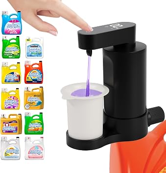 Electric Laundry Detergent Dispenser with Graduated Cup, Smart Laundry Detergent Pump, 2000mAh Rechargeable Fabric Softener Dispenser with Lock Function, for Laundry Room Organization Black