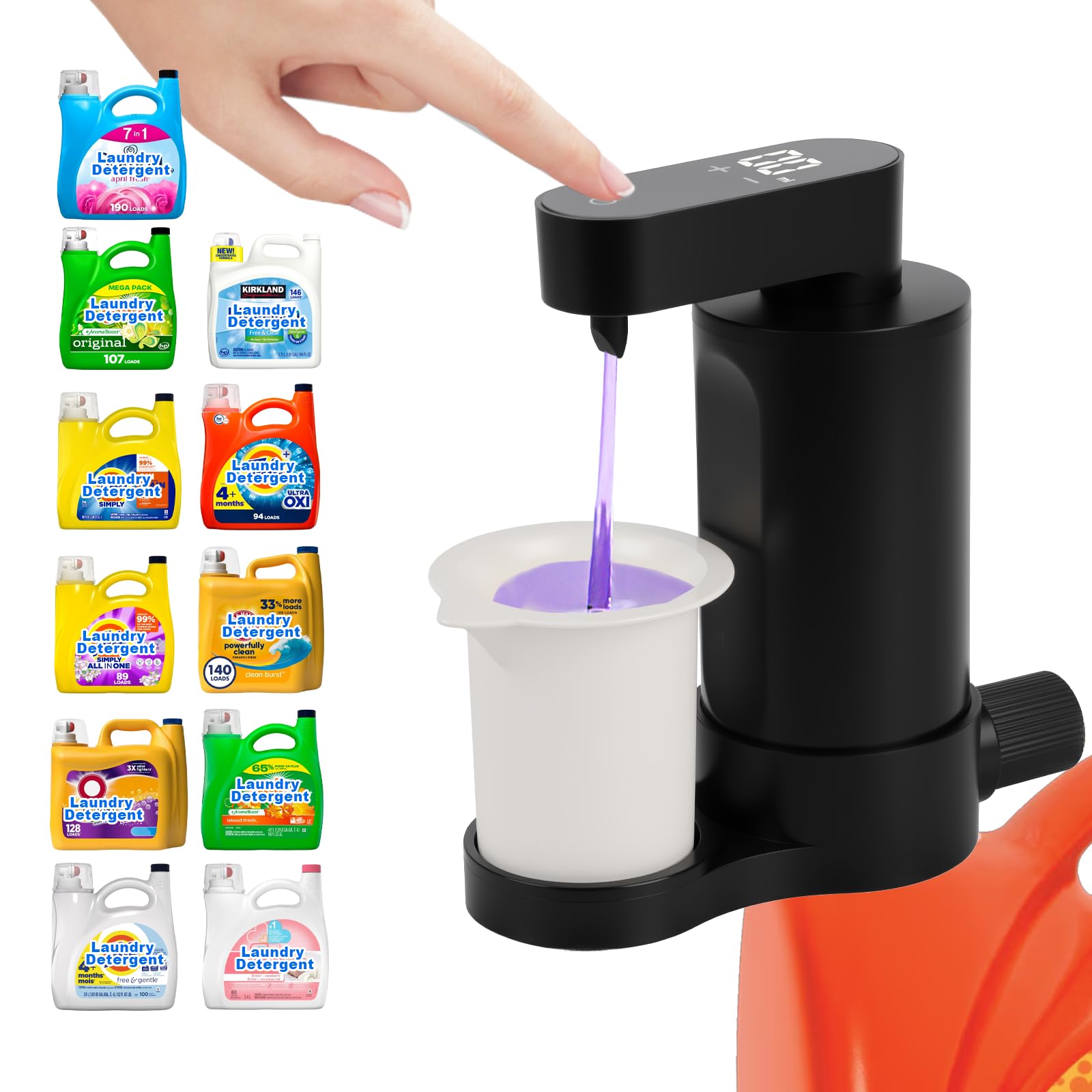 Electric Laundry Detergent Pump, Reusable Smart Laundry Detergent Dispenser | 2000mAh Rechargeable, Graduated Cup for Liquid Soap & Fabric Softener, Lock Function, Ideal for Laundry Room Organization