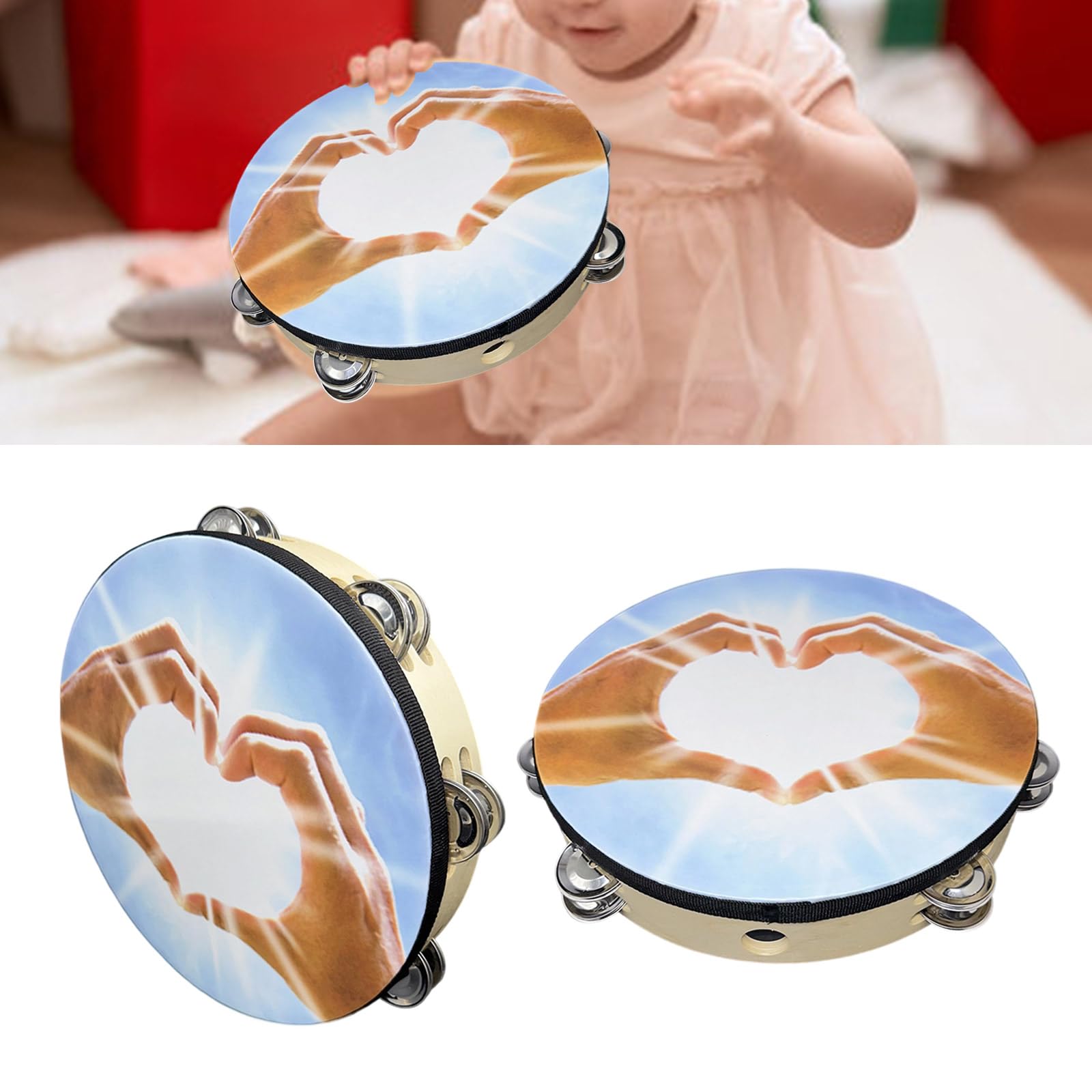 Tamburello a percussione portatile Materiali naturali Costruzione Campane in metallo Strumento di apprendimento musicale Adatto a tutte le età Tamburello professionale in lega