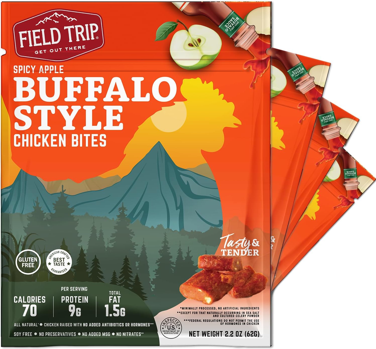 Field Trip Chicken Jerky Bites, All Natural and Gluten Free, Keto and Paleo-Friendly Healthy Snack, Low Calorie, High Protein Snacks with No Nitrates, 2.2oz Bag, 4 Pack, Spicy Buffalo Style