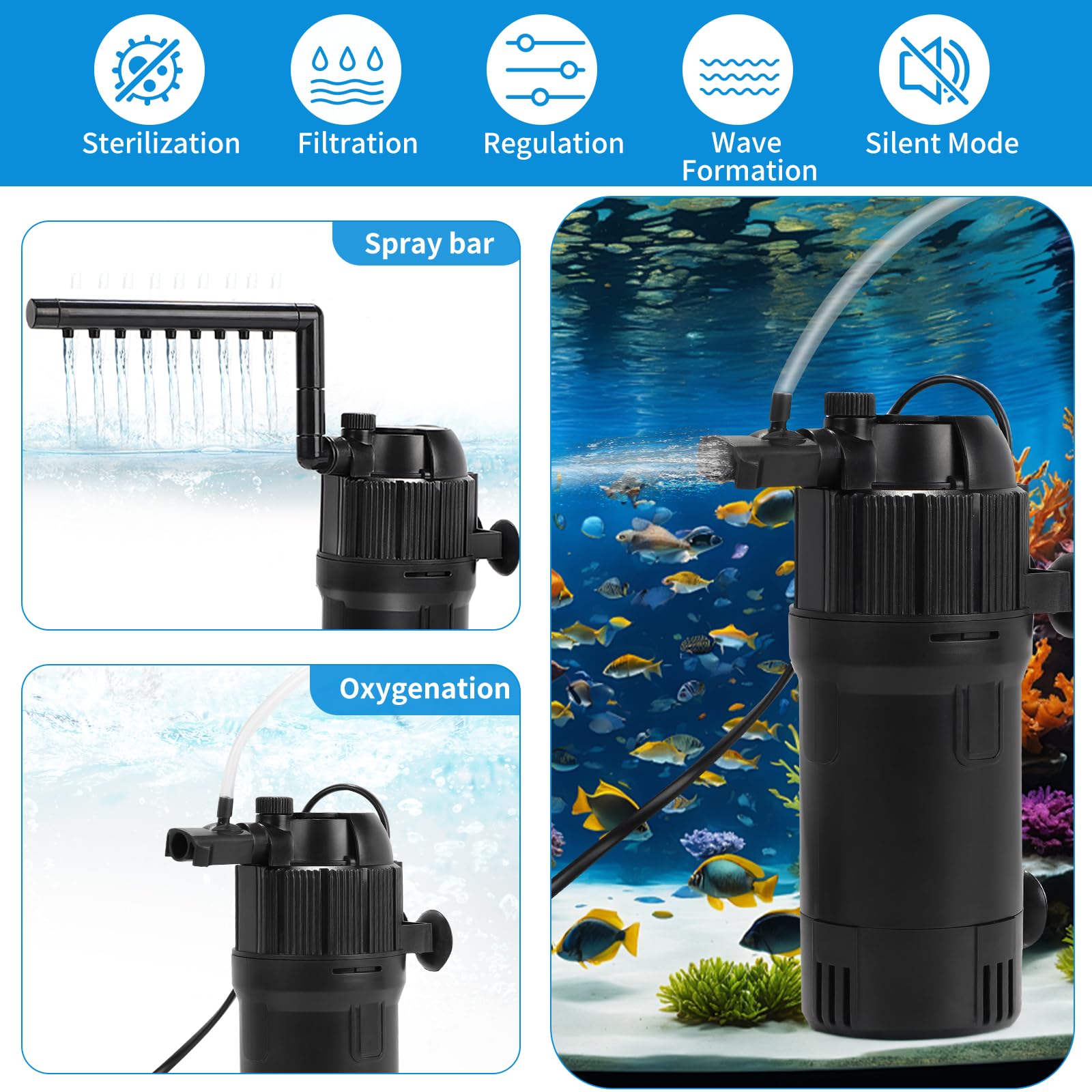 DBREAKS Filtr wewnętrzny do akwarium 5 w 1, 400 l/h, pompa z lampą UVC 3 W i timerem, regulowany filtr akwariowy do akwariów