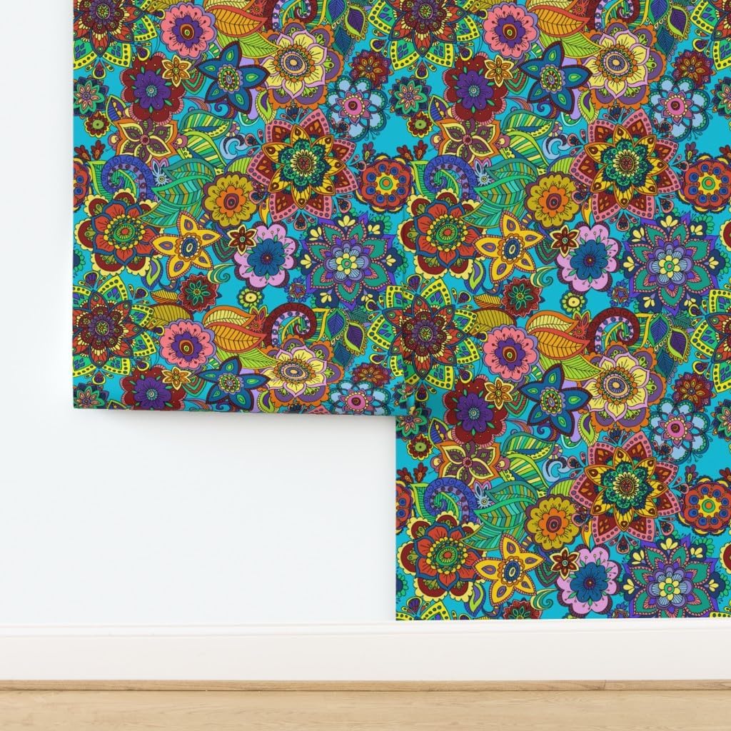 Peel & Stick Wallpaper Swatch - Mandala Love 1960S Retro Psychedelic Flowers Funky 1970S Custom Removable Wallpaper by Spoonflower