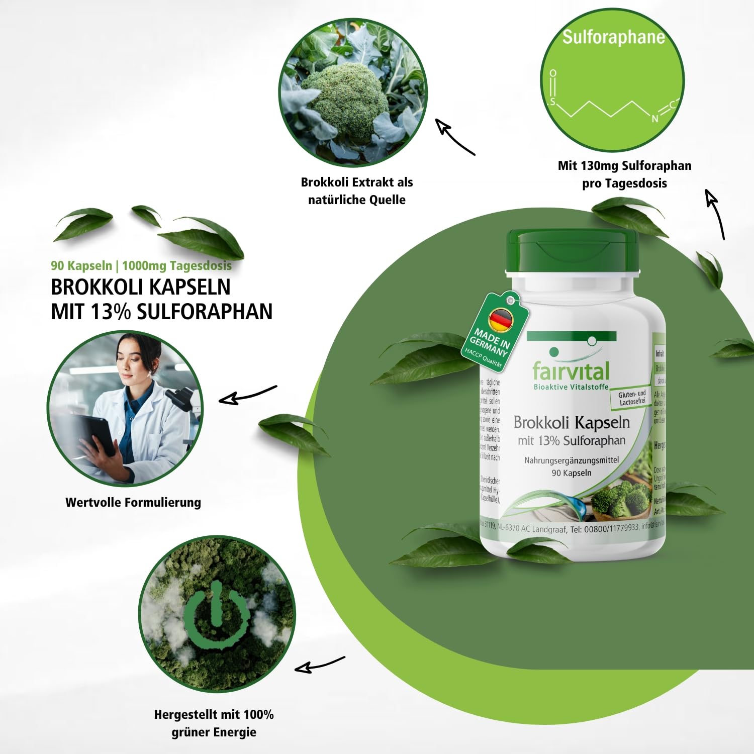 fairvital Brokkoli Kapseln, 90 Kapseln, 1000mg Brokkoli Extrakt & 130mg Sulforaphan pro Tagesdosis, qualitätsgeprüft und hochdosiert, 100% vegan, Made in Germany