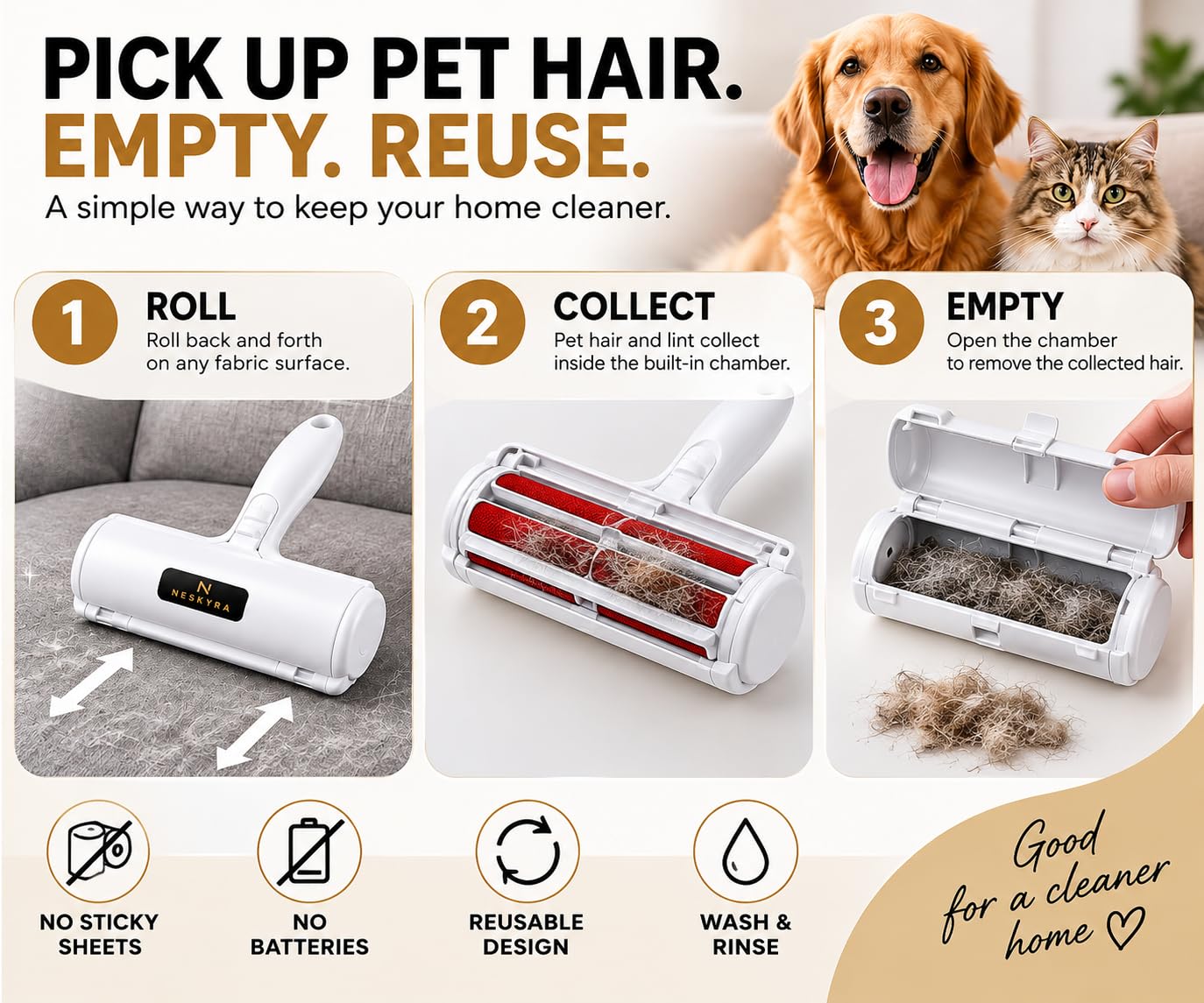 NESKYRA Pet Hair Remover Roller, Reusable Lint Roller for Pet Hair, Couch, Furniture & Clothes view 2