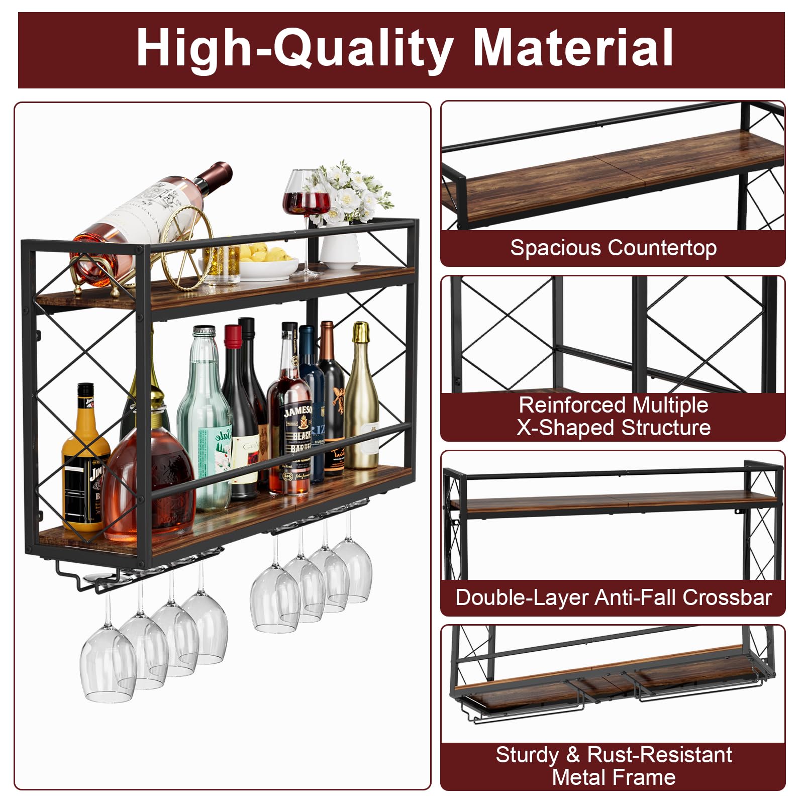 Weinregal, Wandhalterung, 2 Etagen, Wand-Weinregal mit Glashalter, Anti-Drop-Querstange, 80 cm, Metall-Weinhalter für Zuhause, Küche, Esszimmer, Bar, Schwarz