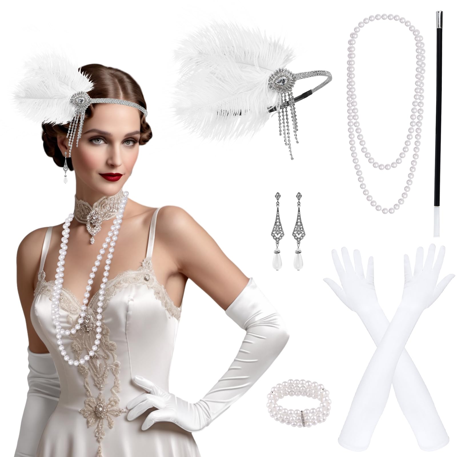 PLULON 1920s Flapper Great Gatsby Accessories Set Fashion Roaring 20's Theme Set