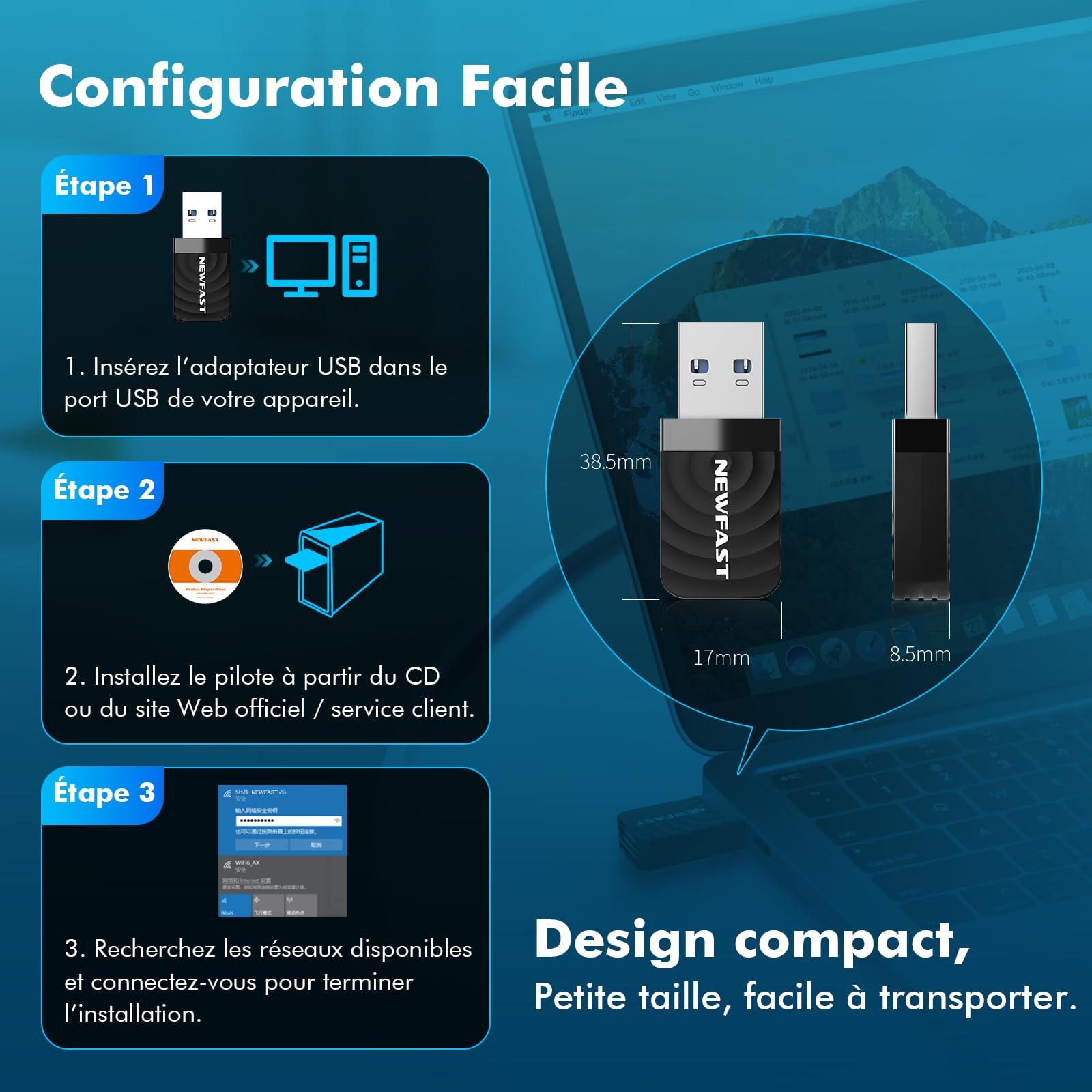 NEWFAST Clé WiFi AC1300 Mbps NF-U323, Nano Adaptateur USB WiFi Double Bande 2.4G/5GHz, MU-MIMO USB 3.0