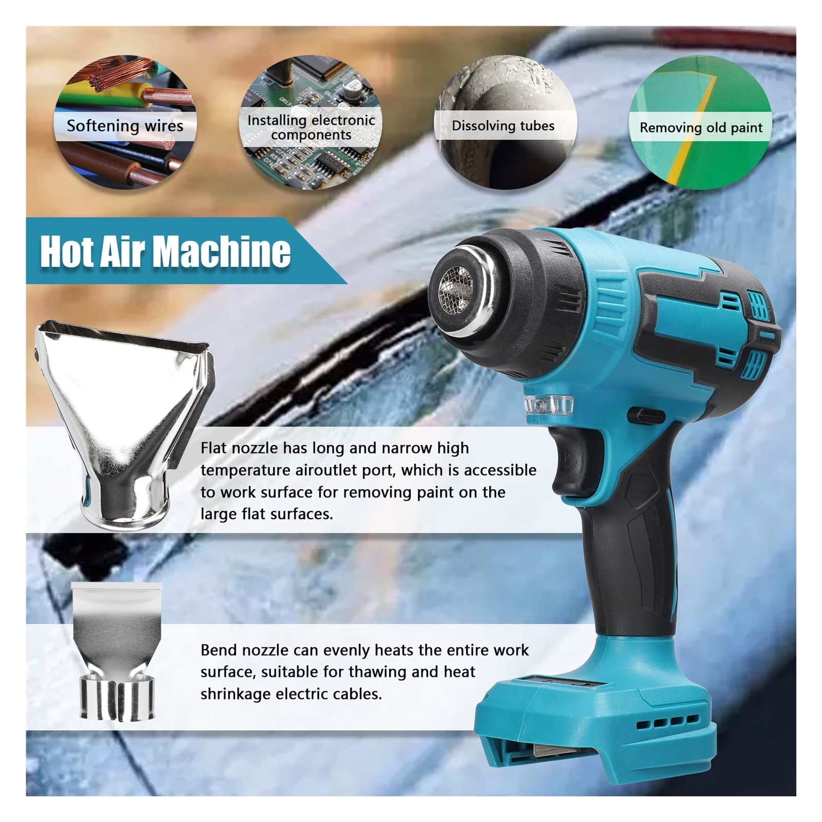 300W 380-400℃ Macchina ad aria calda al litio Ricaricabile Cordless Riscaldamento rapido for impieghi gravosi con 3 ugelli,Multifunzionale(2Pcs battery)