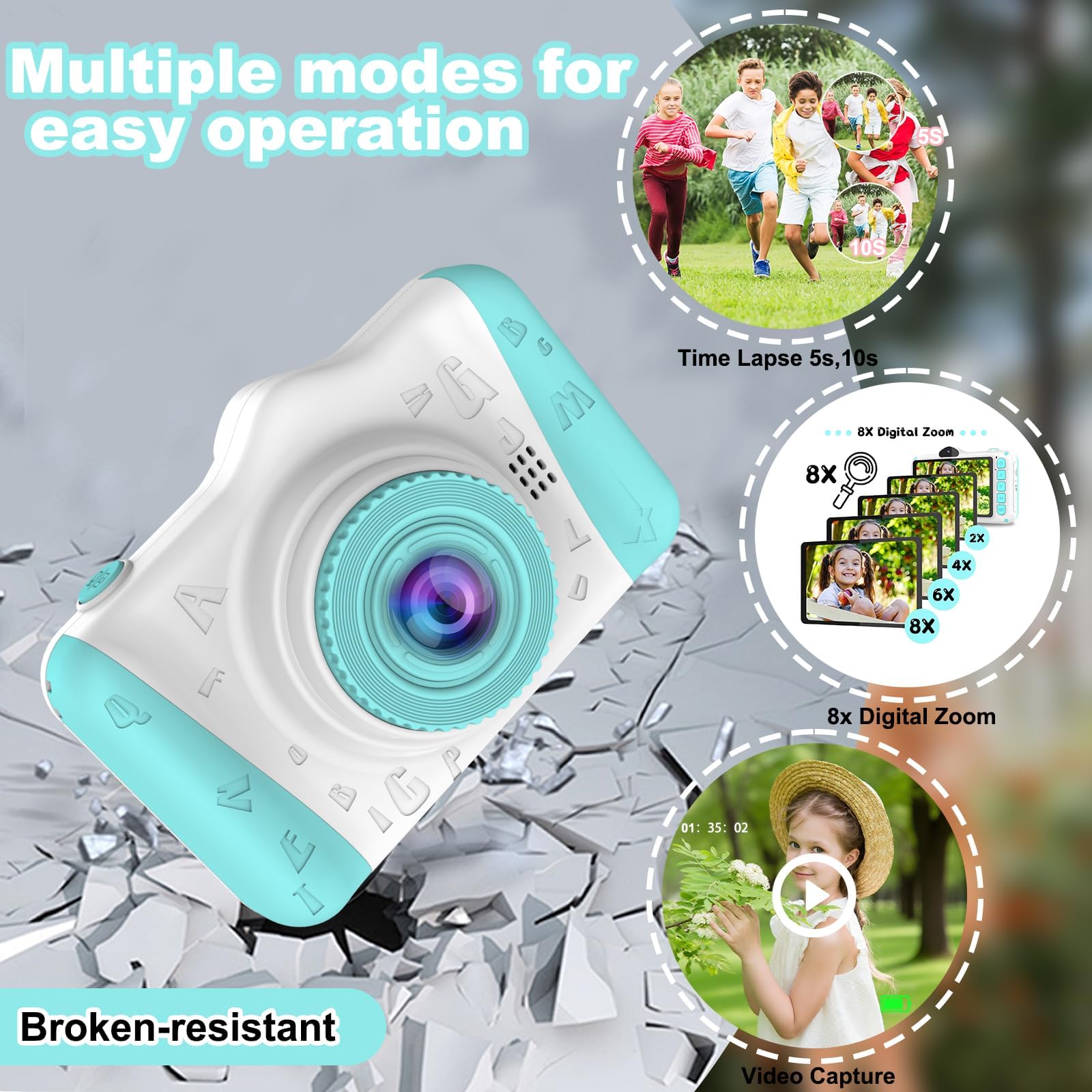 Appareil photo numérique pour enfants de 3,5 pouces avec carte de 32 Go, 1080P HD 12 MP, anti-chute, rechargeable par USB, cadeau de Noël pour garçon de 3 à 12 ans, bleu