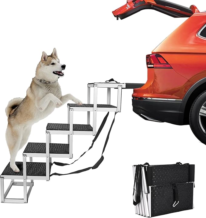 Upgraded Dog Car Ramp, Aluminum NonSlip 5 Steps Dog Stairs for Medium