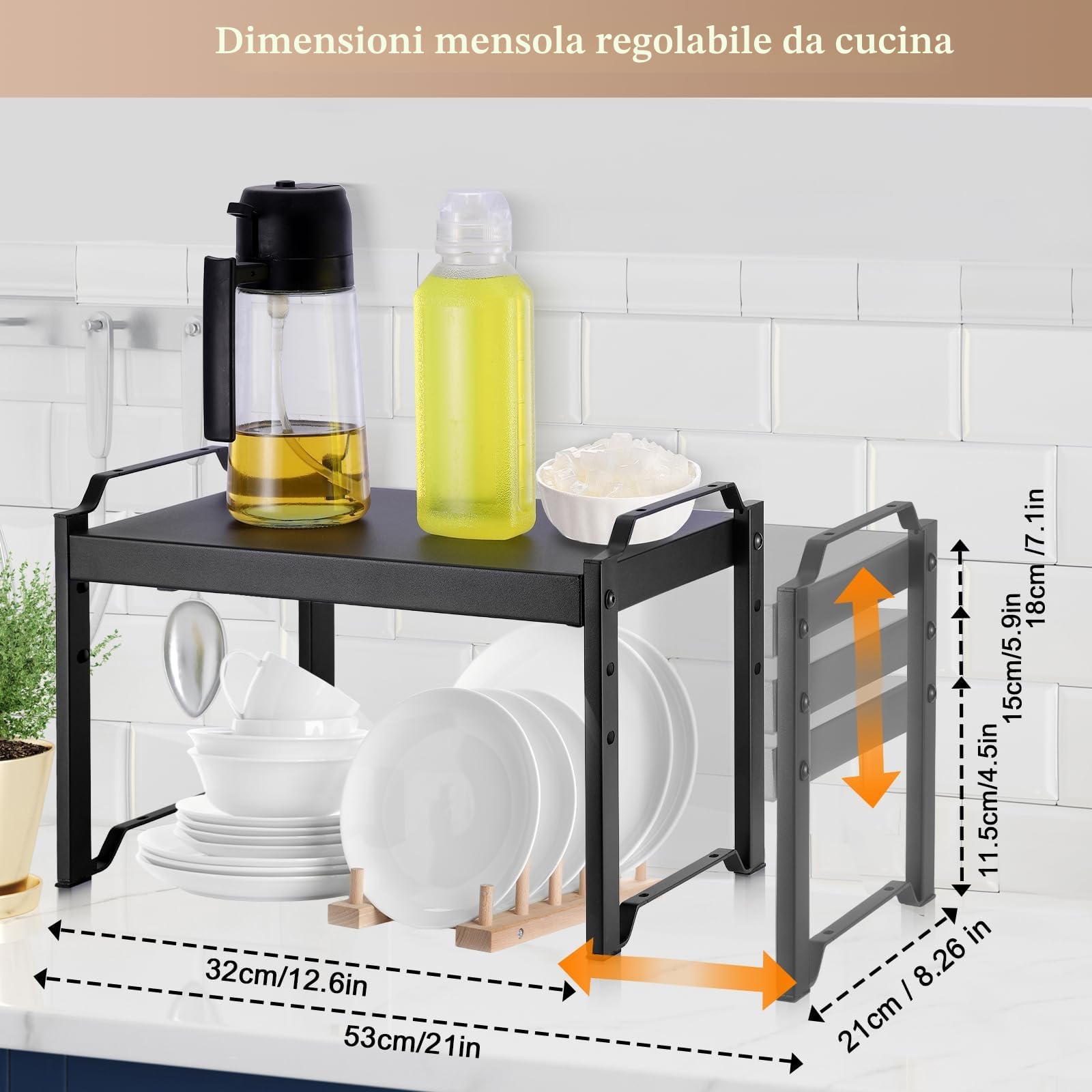 Ripiano Organizzatore per Cucina, Scaffale Espandibile 32-53cm per Pensili, Ripiani Resistente per Top Cucina, Scaffalatura Regolabile in Nero con 3 Altezze, Organizzatore per Desktop e Mobili